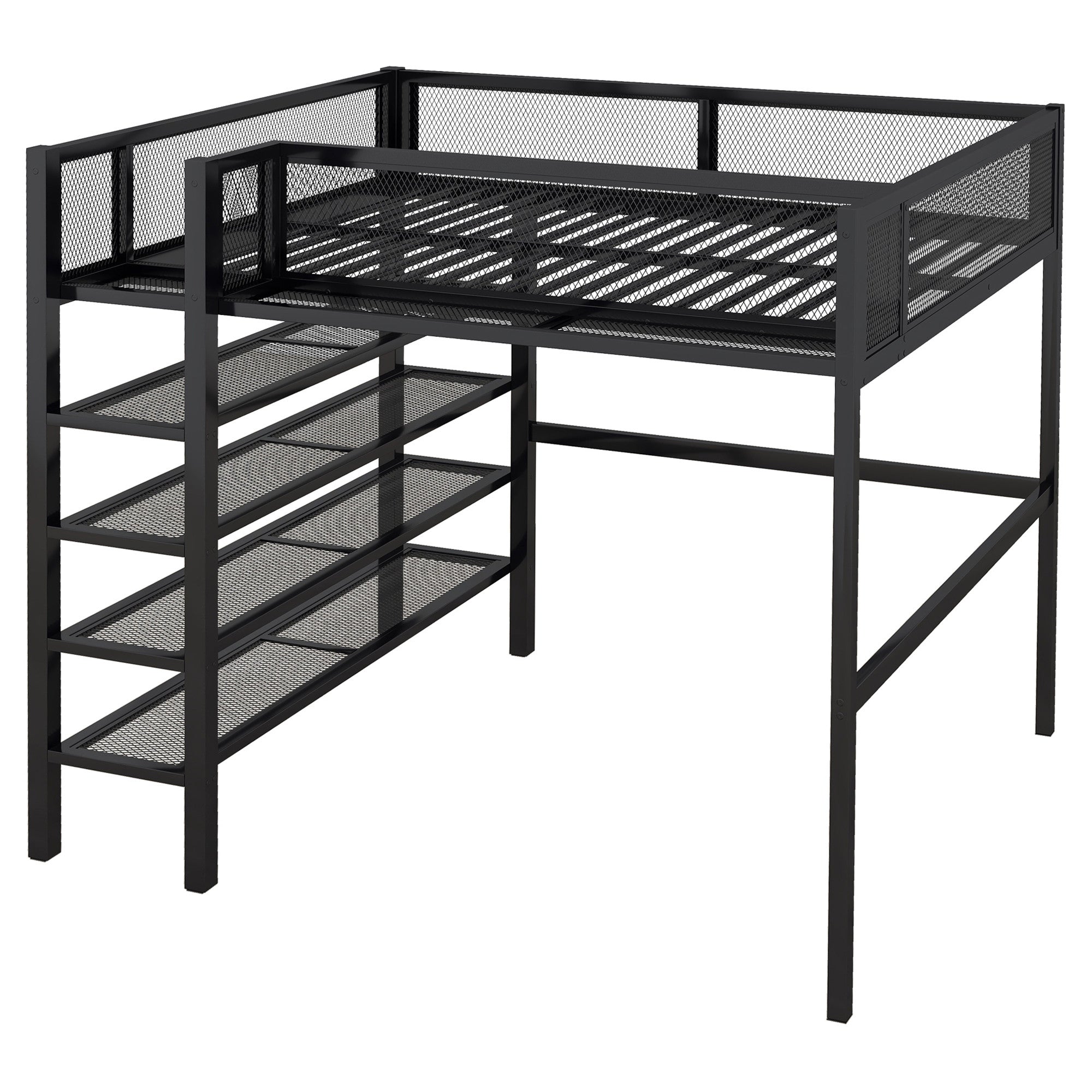 Black Platform Metal Full Double Loft Bed With Shelves-3