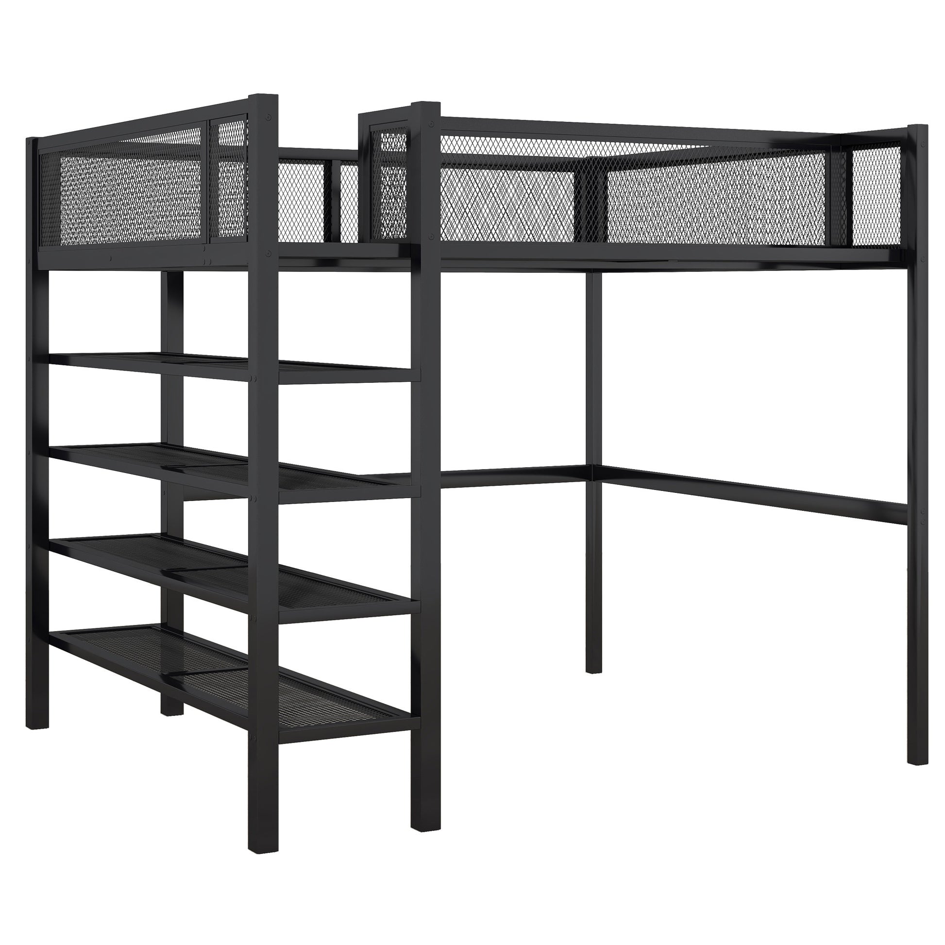 Black Platform Metal Full Double Loft Bed With Shelves-4
