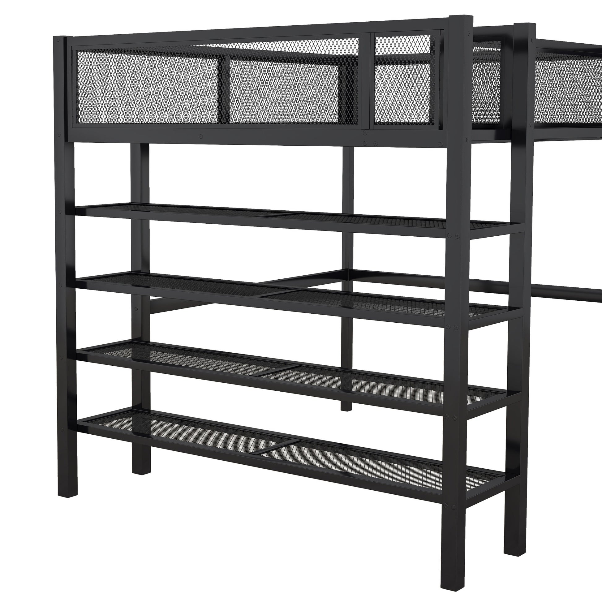 Black Platform Metal Full Double Loft Bed With Shelves-6