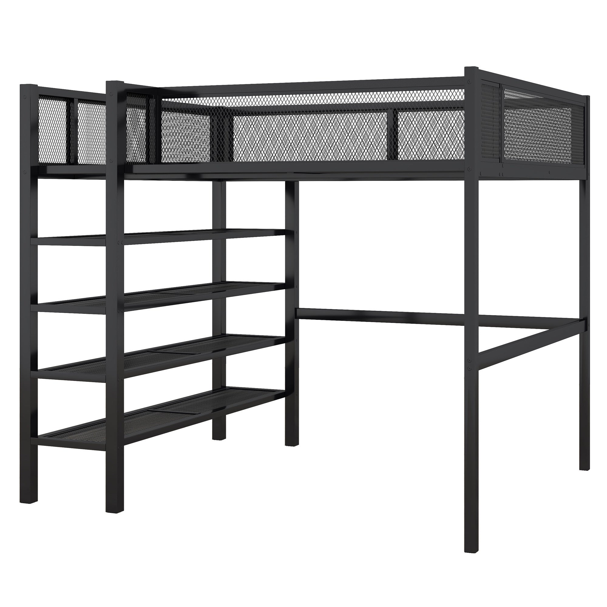 Black Platform Metal Full Double Loft Bed With Shelves-7