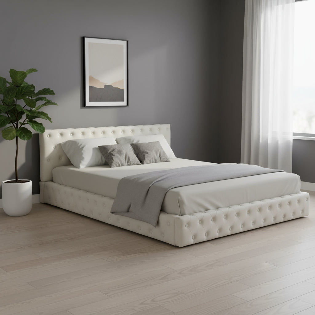 Beige Tufted Velvet Upholstered Queen Bed Frame-0