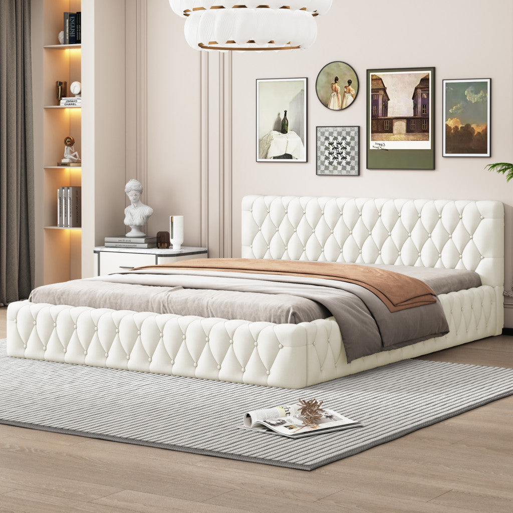 Beige Tufted Velvet Upholstered Queen Bed Frame-8