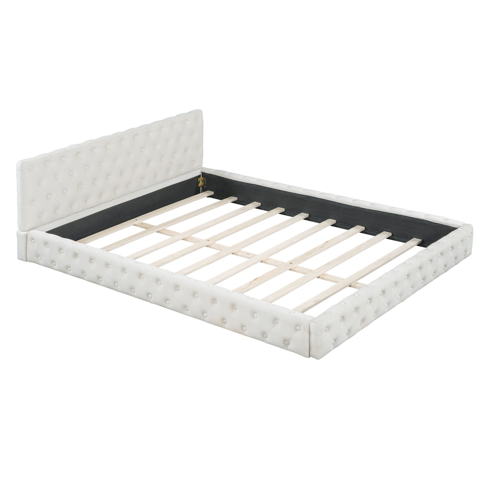 Beige Tufted Velvet Upholstered Queen Bed Frame-1
