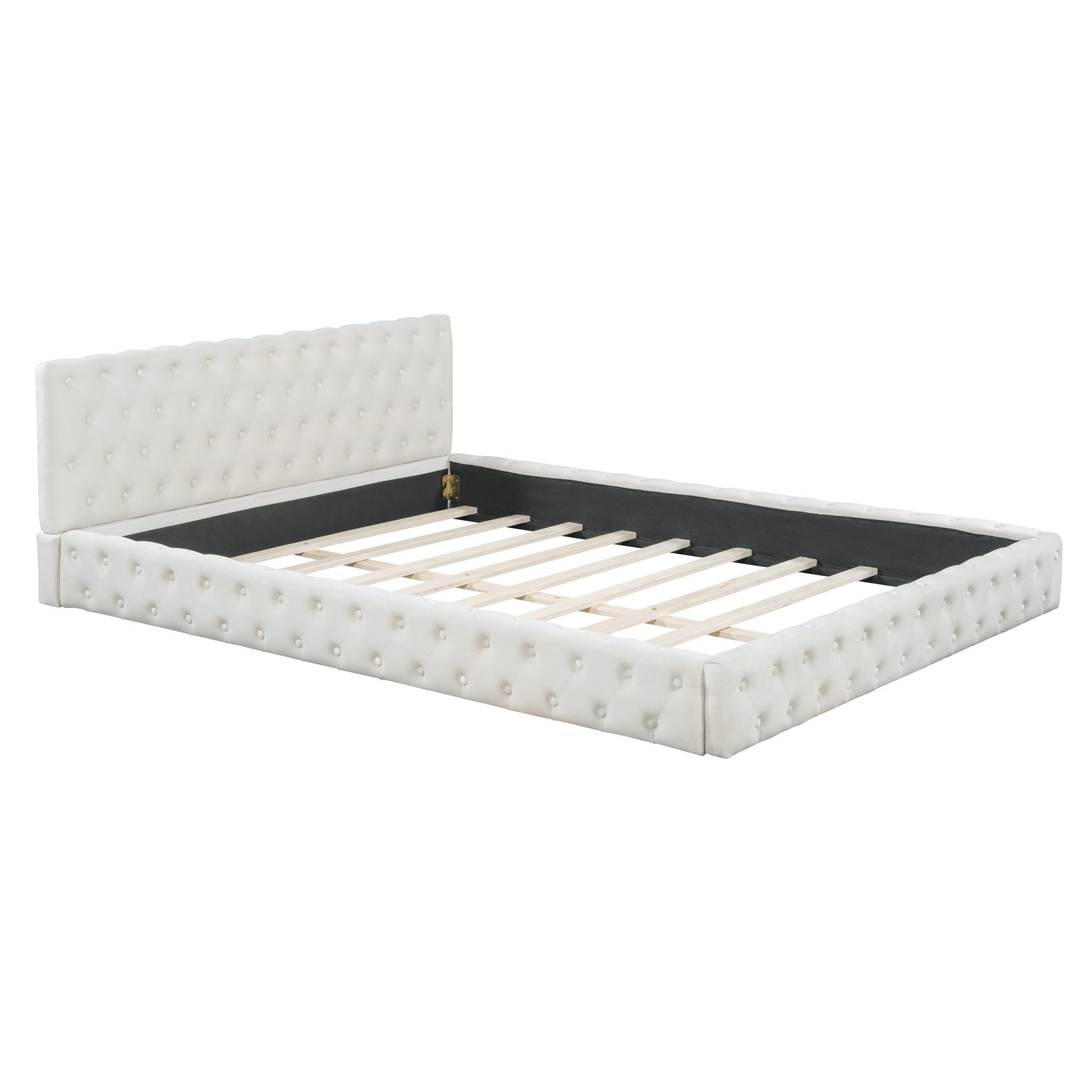 Beige Tufted Velvet Upholstered Queen Bed Frame-2