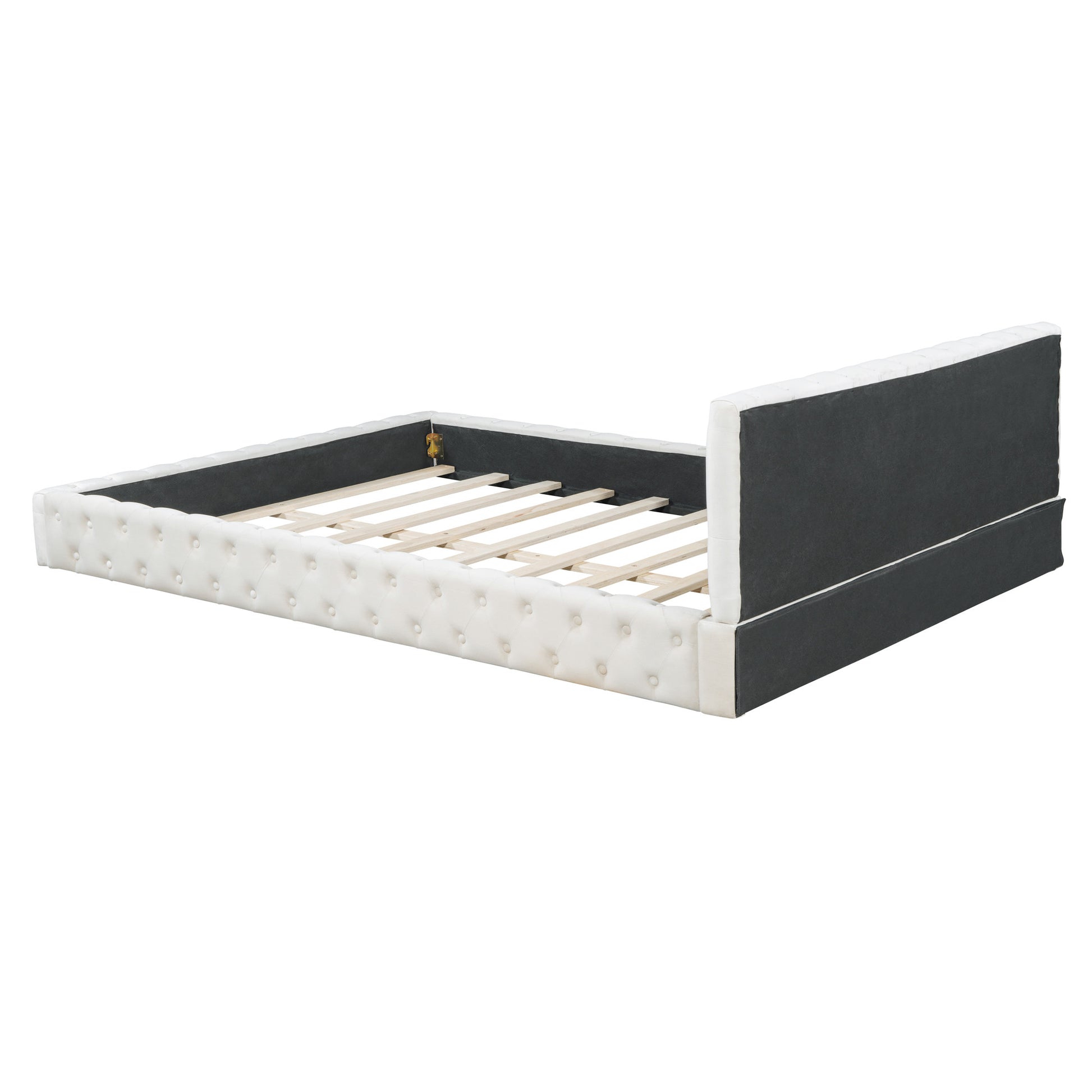 Beige Tufted Velvet Upholstered Queen Bed Frame-3