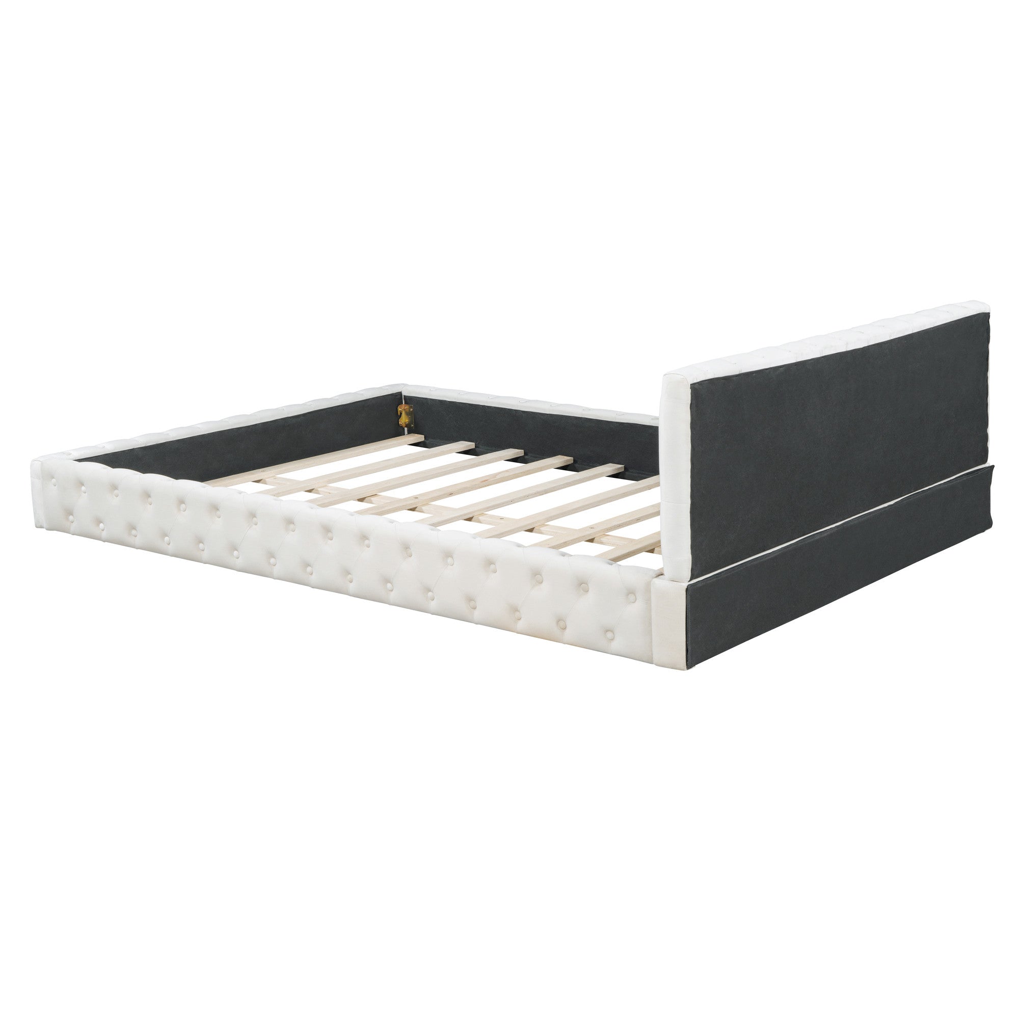 Beige Tufted Velvet Upholstered Queen Bed Frame-3
