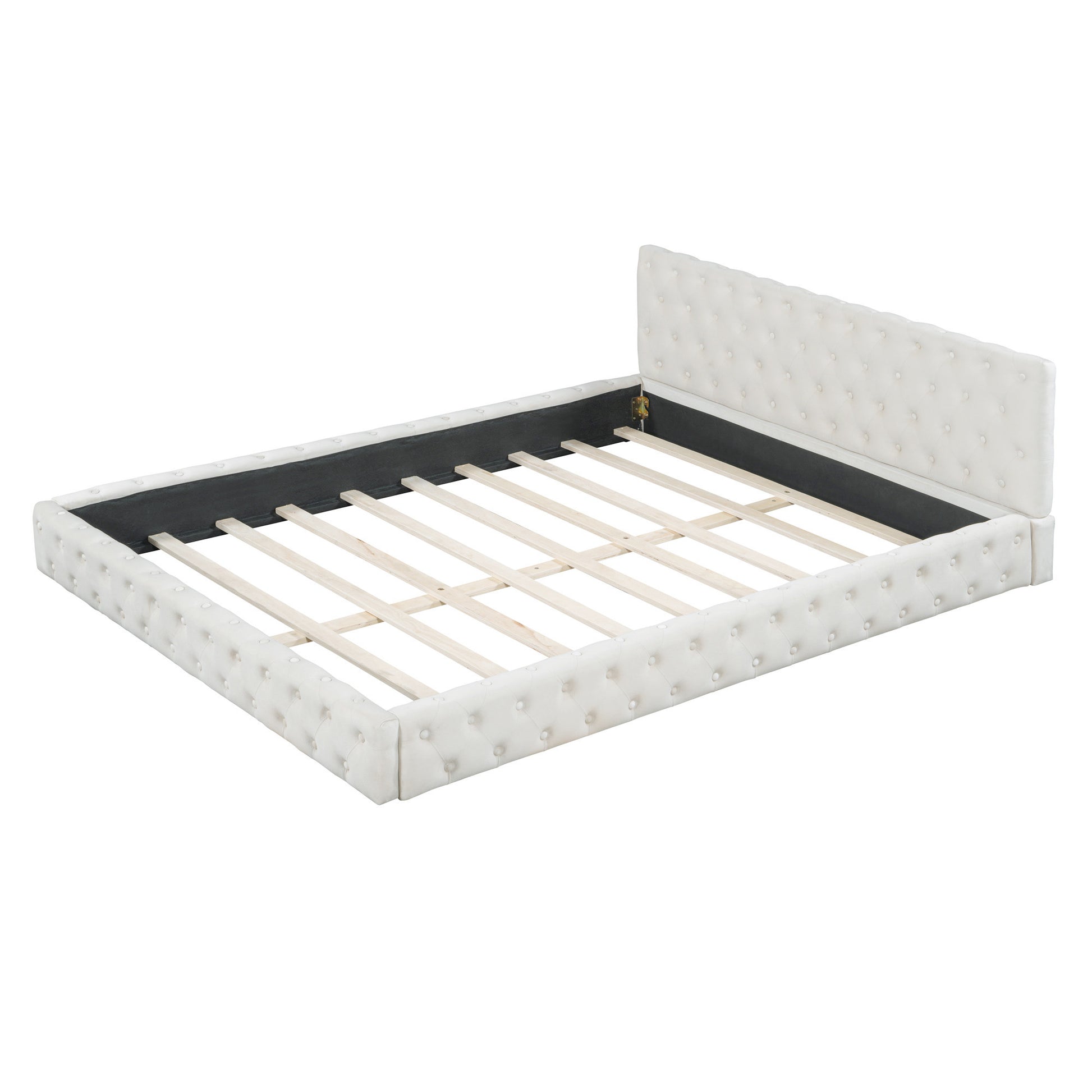 Beige Tufted Velvet Upholstered Queen Bed Frame-7