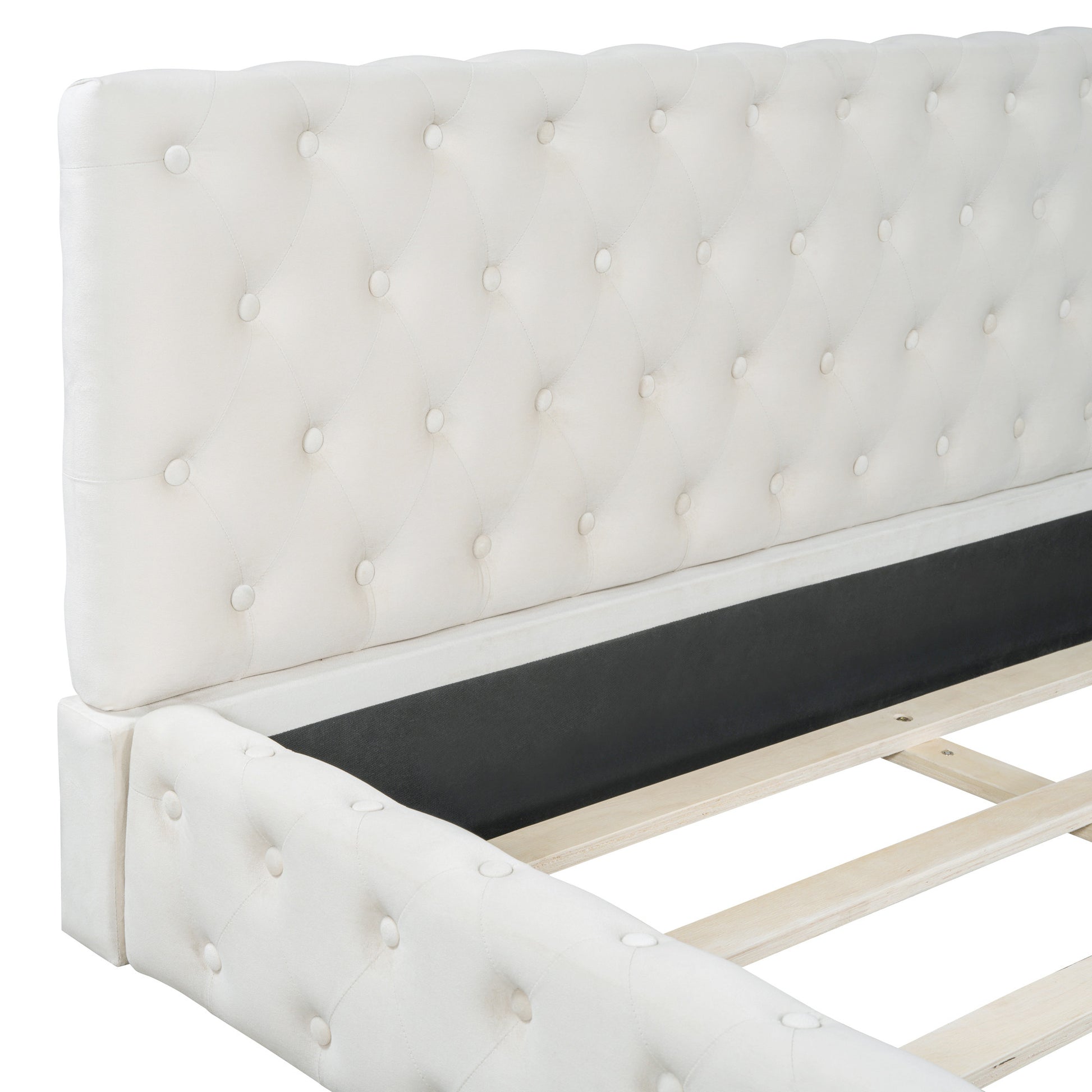 Beige Tufted Velvet Upholstered Queen Bed Frame-5