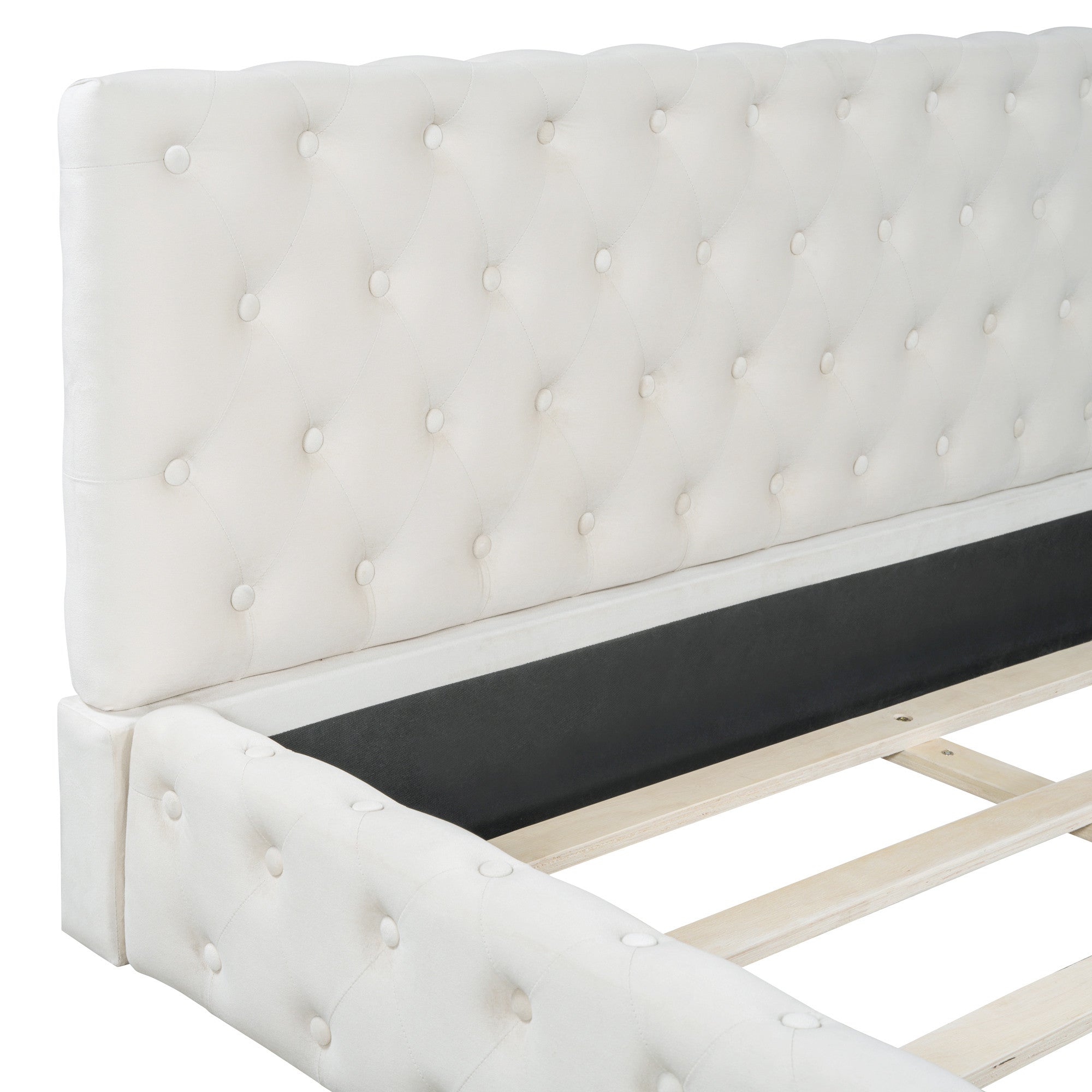 Beige Tufted Velvet Upholstered Queen Bed Frame-5