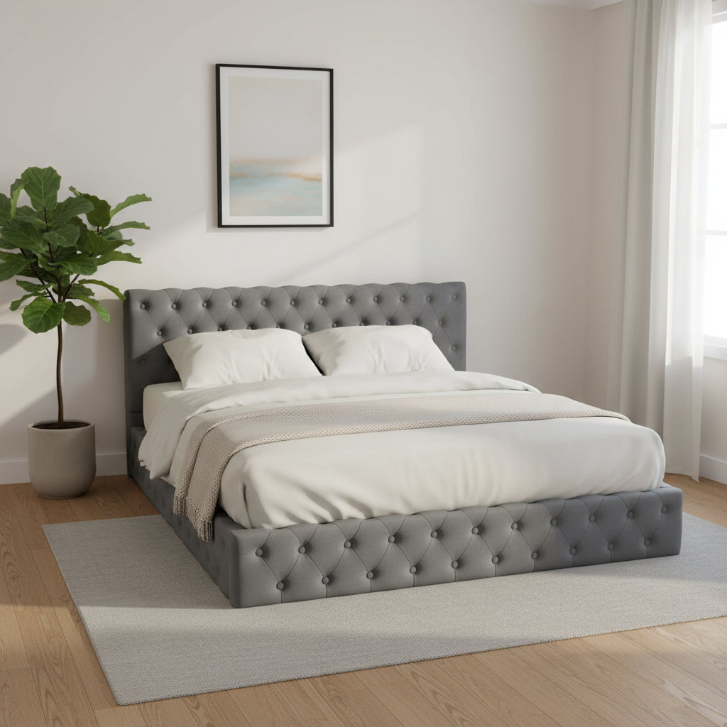 Gray Tufted Velvet Upholstered Queen Bed Frame-0