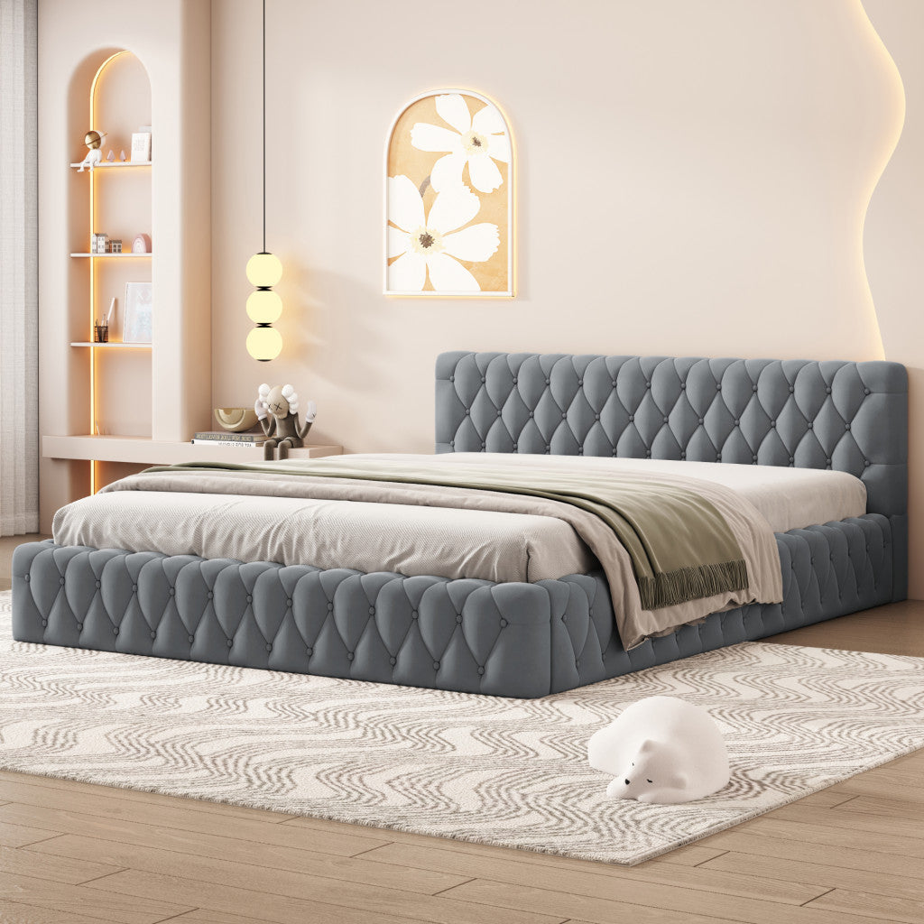 Gray Tufted Velvet Upholstered Queen Bed Frame-8