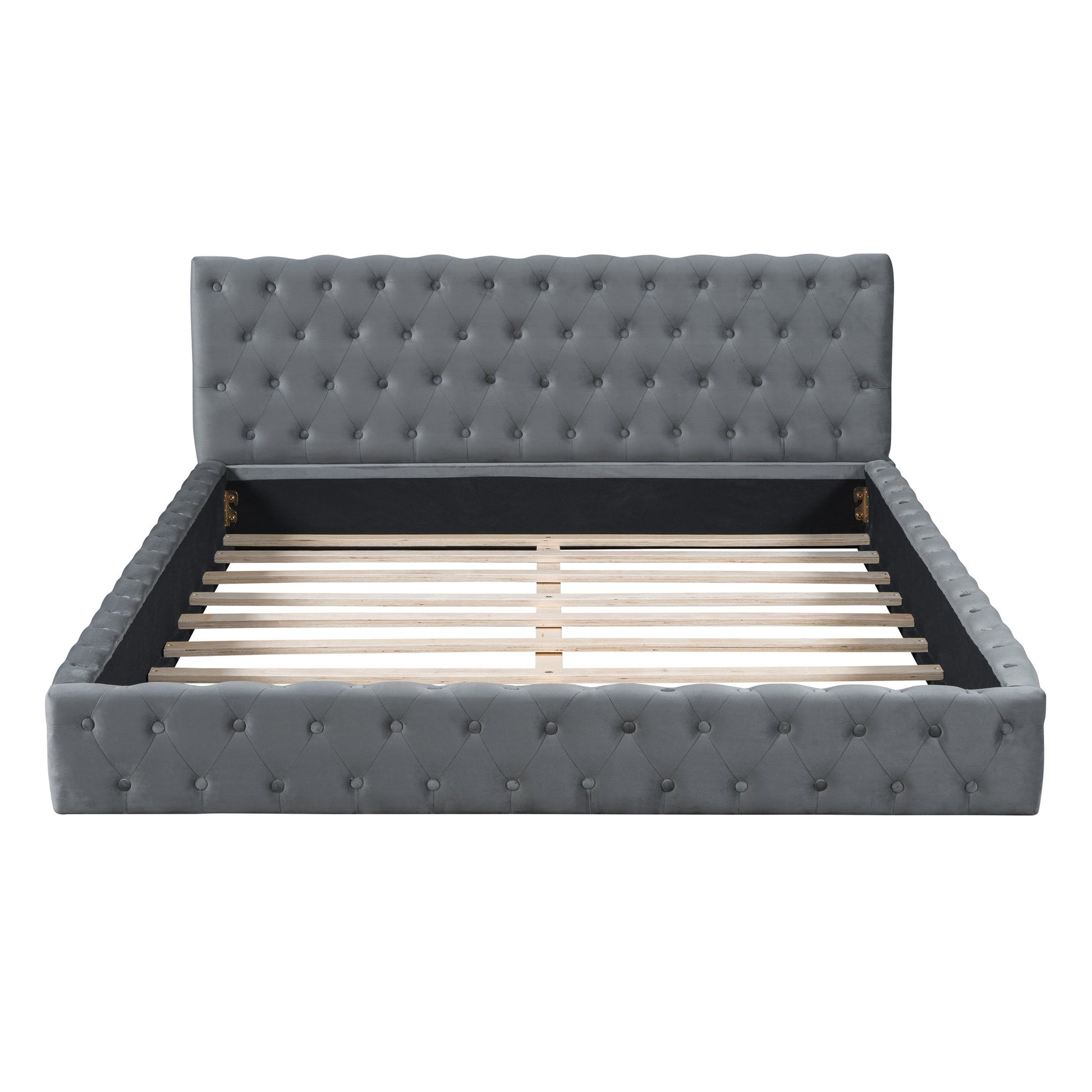 Gray Tufted Velvet Upholstered Queen Bed Frame-1