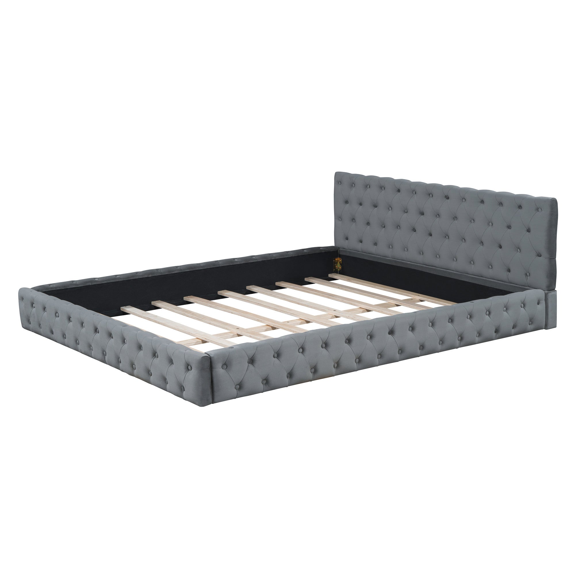 Gray Tufted Velvet Upholstered Queen Bed Frame-5