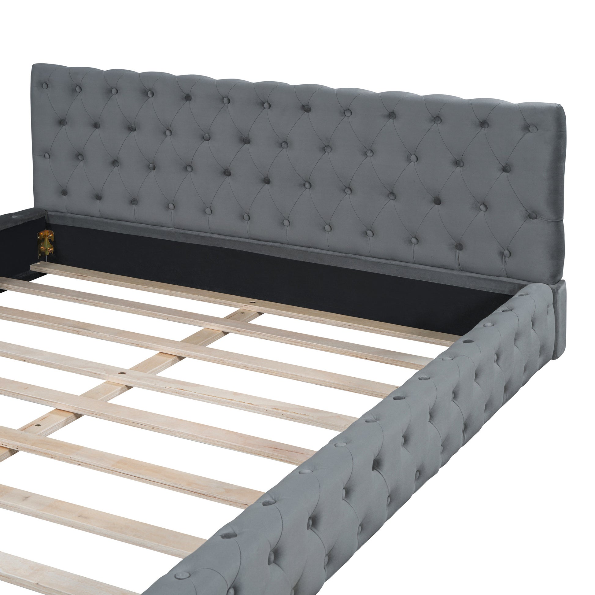 Gray Tufted Velvet Upholstered Queen Bed Frame-6