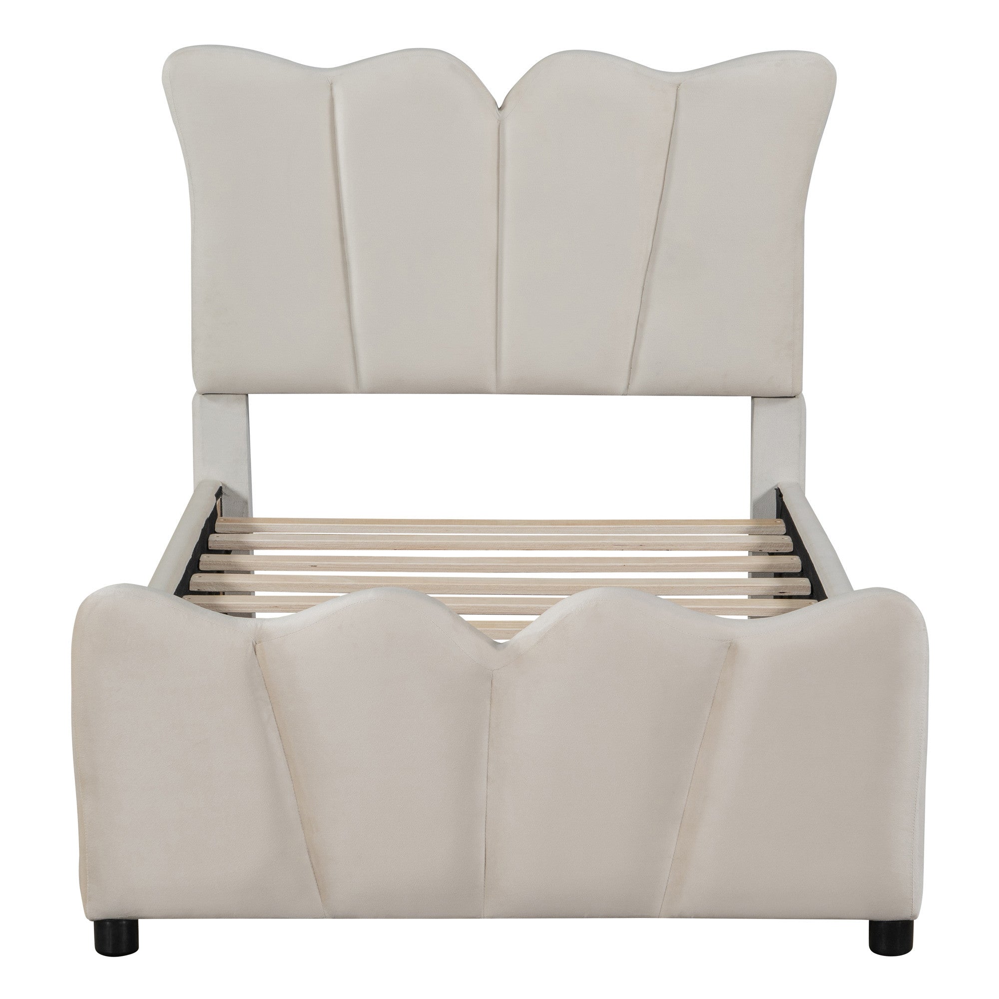 Beige Tufted Velvet Upholstered Twin Bed Frame-8