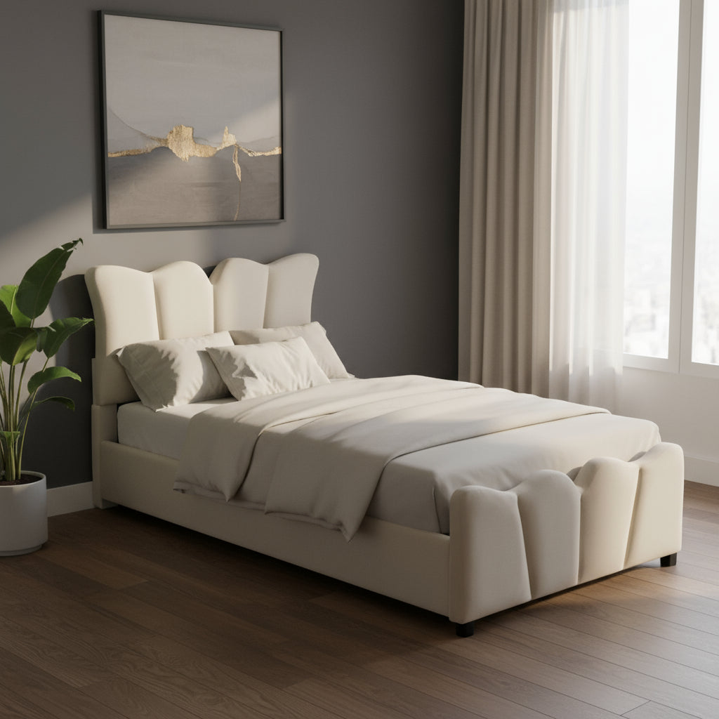 Beige Tufted Velvet Upholstered Twin Bed Frame-0
