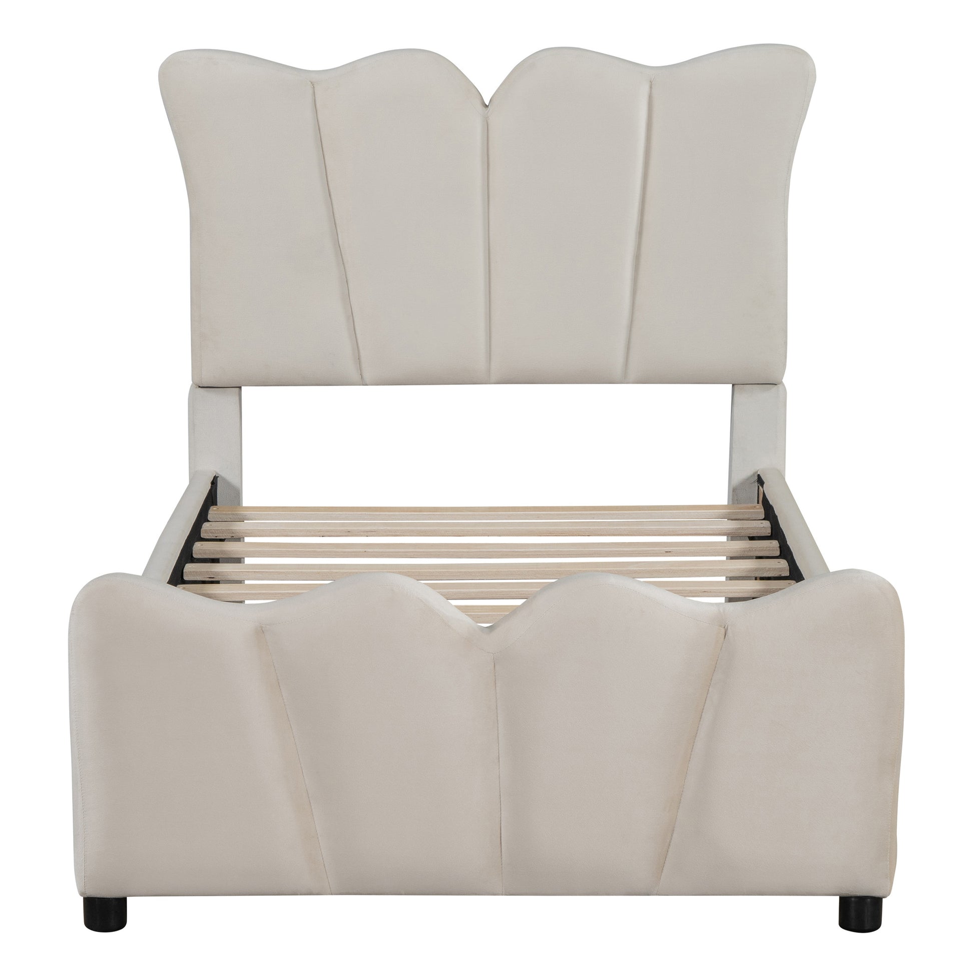 Beige Tufted Velvet Upholstered Twin Bed Frame-1