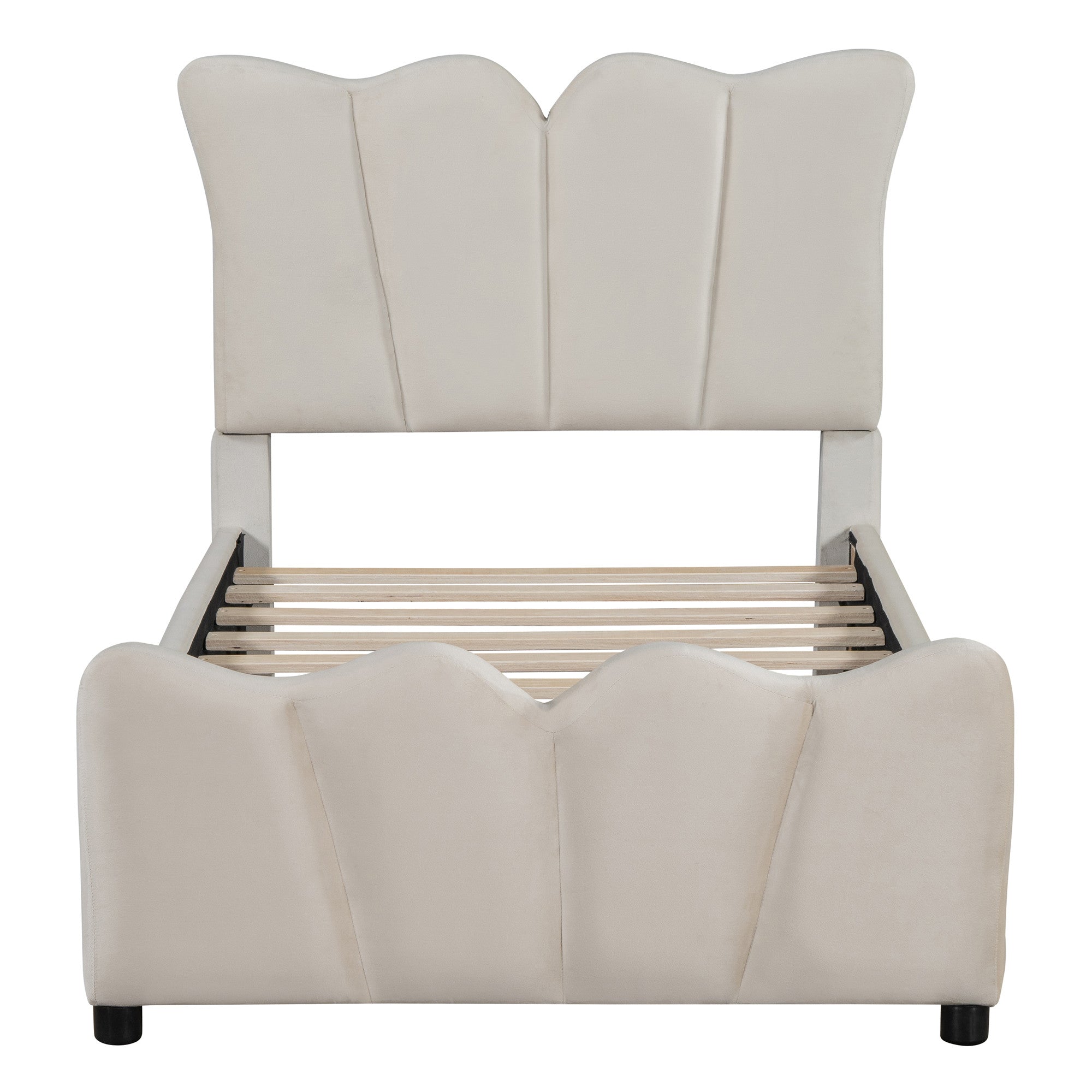 Beige Tufted Velvet Upholstered Twin Bed Frame-1