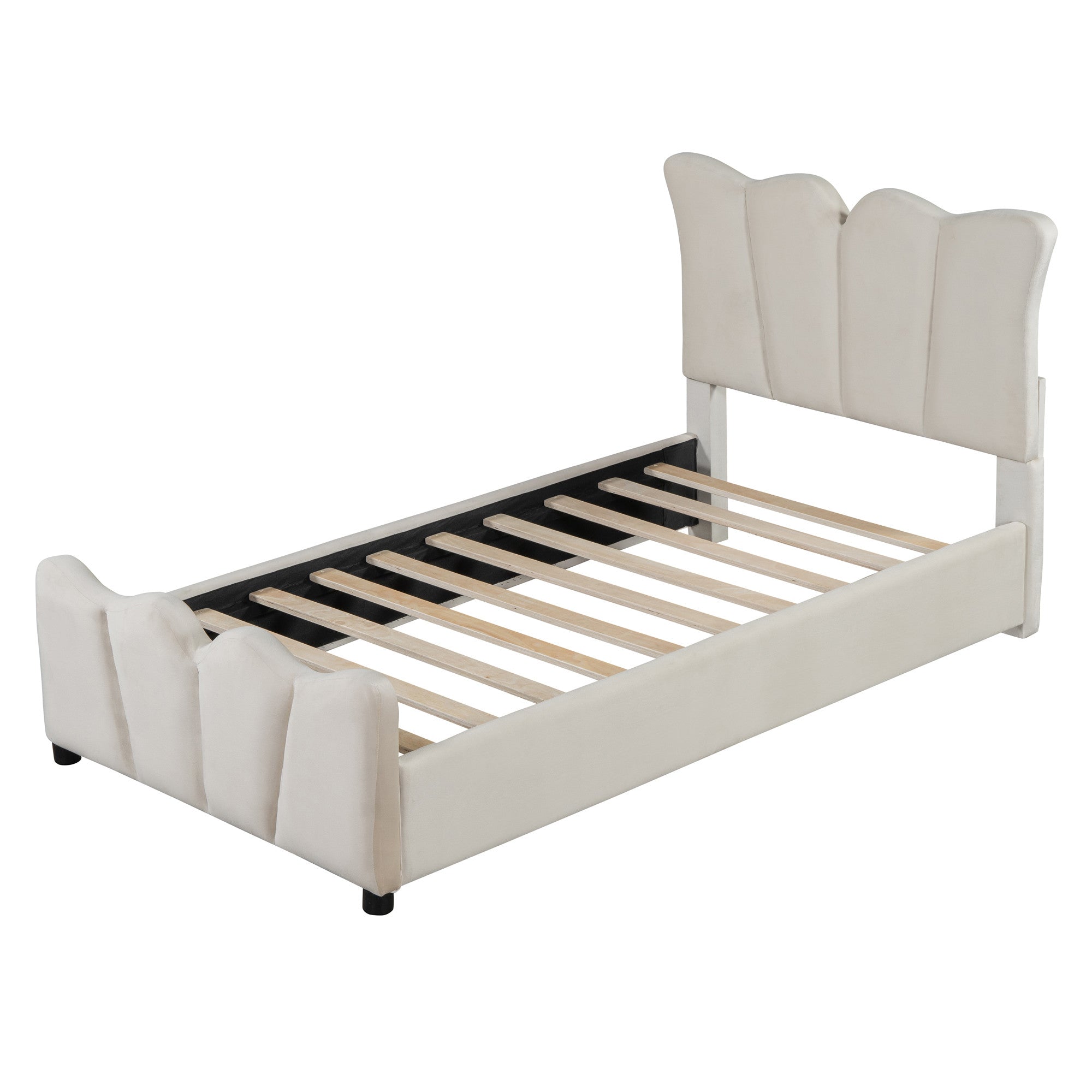Beige Tufted Velvet Upholstered Twin Bed Frame-2
