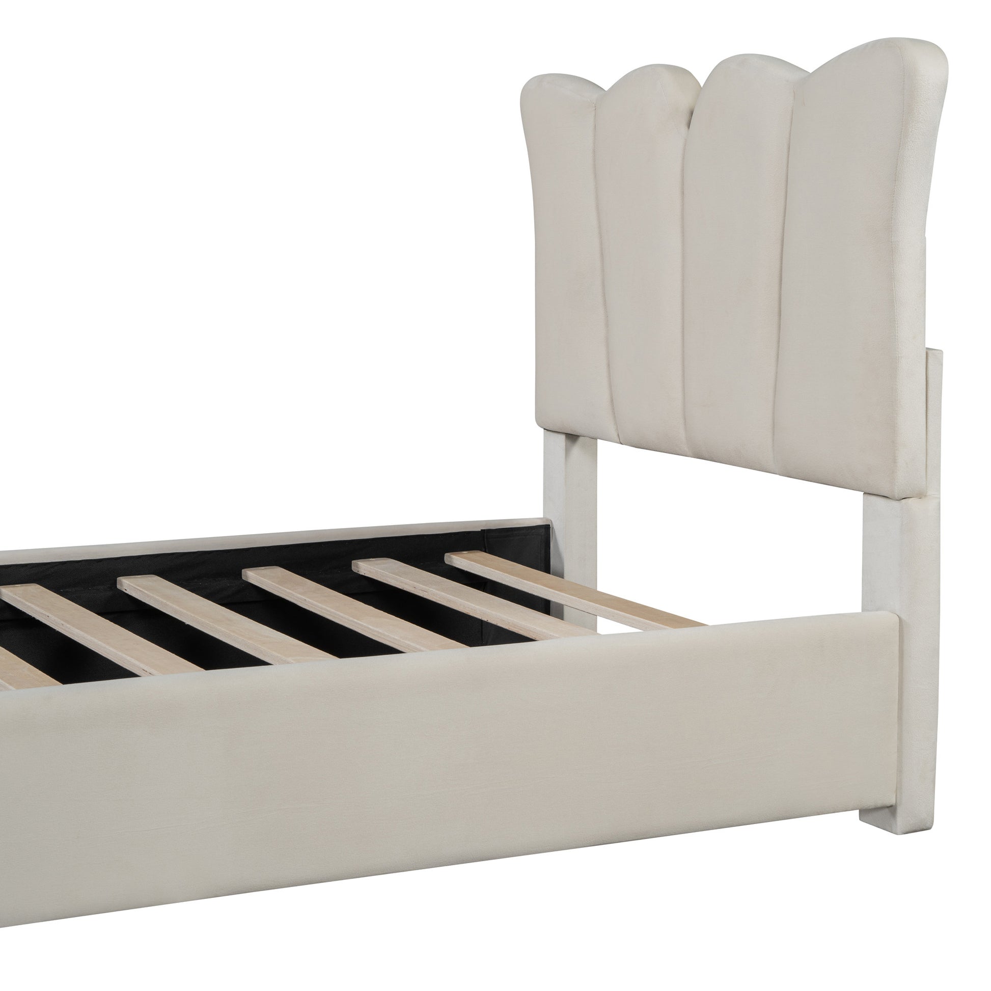 Beige Tufted Velvet Upholstered Twin Bed Frame-4