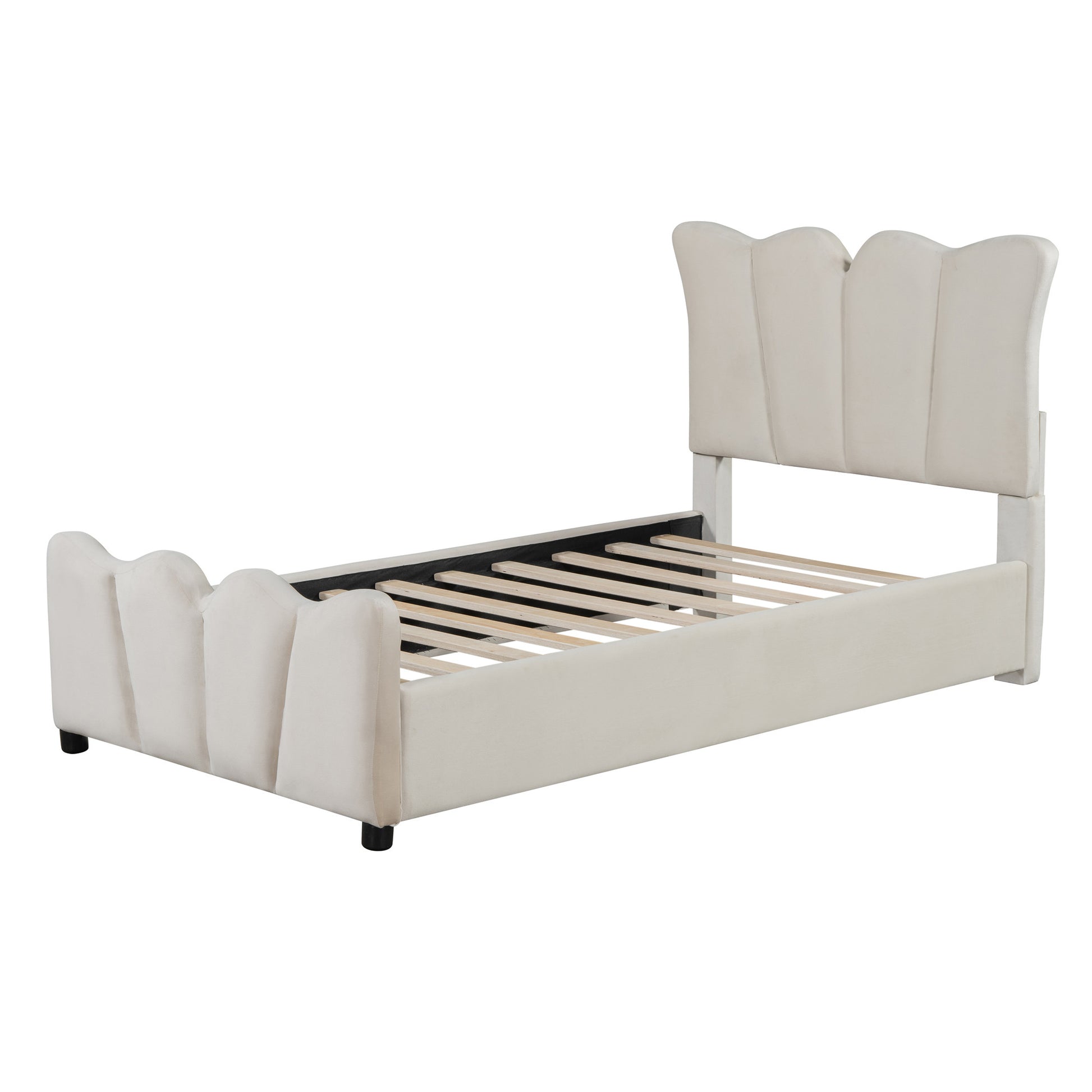 Beige Tufted Velvet Upholstered Twin Bed Frame-6