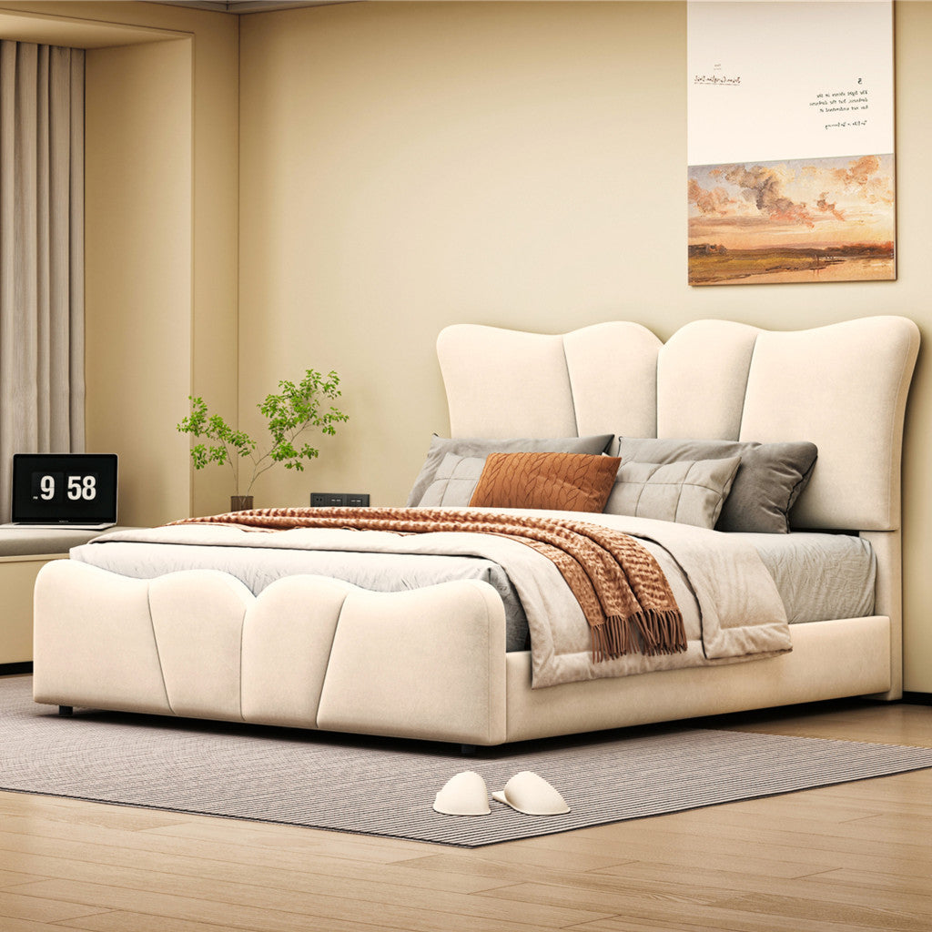 Beige Tufted Velvet Upholstered Full Bed Frame-8