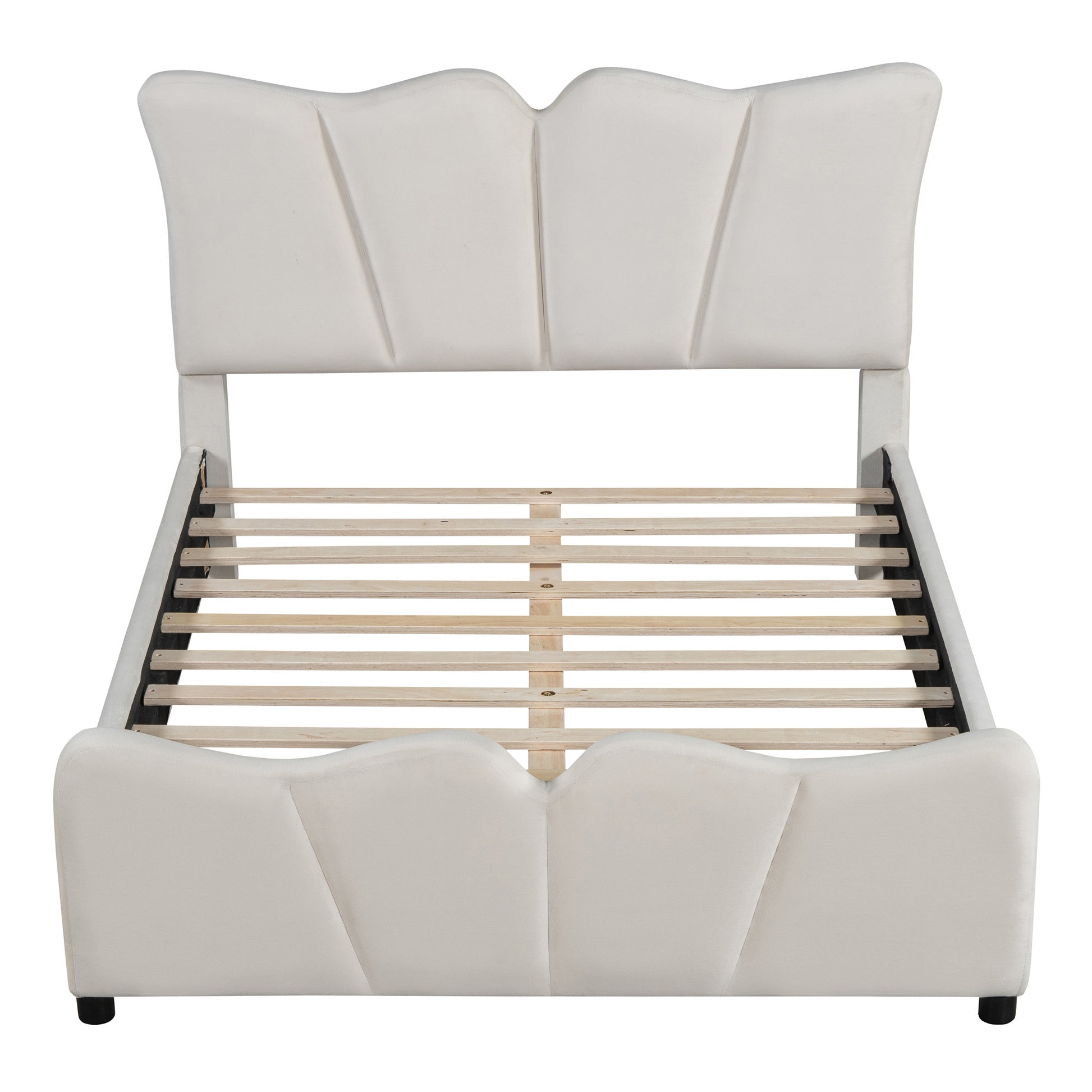 Beige Tufted Velvet Upholstered Full Bed Frame-1