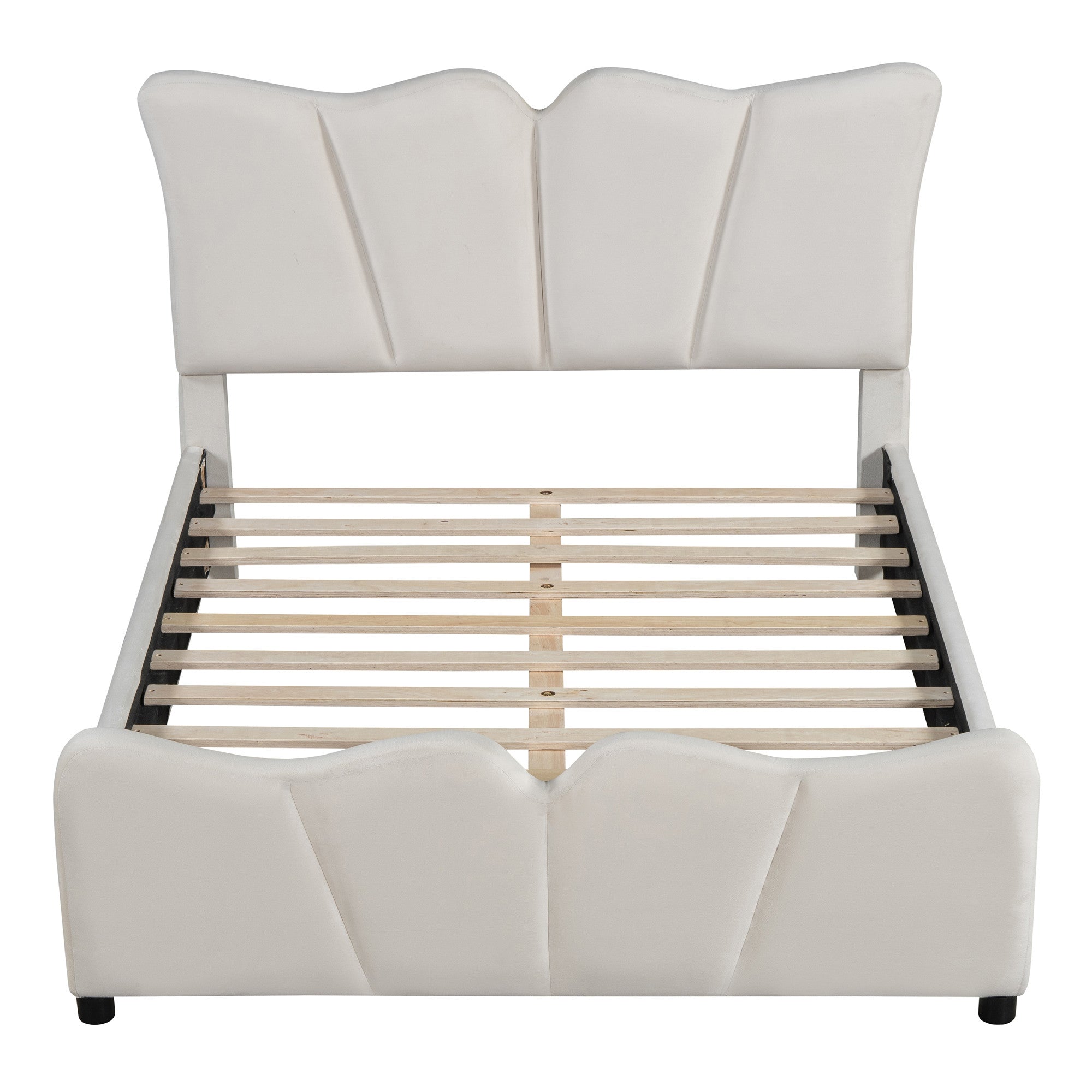 Beige Tufted Velvet Upholstered Full Bed Frame-1
