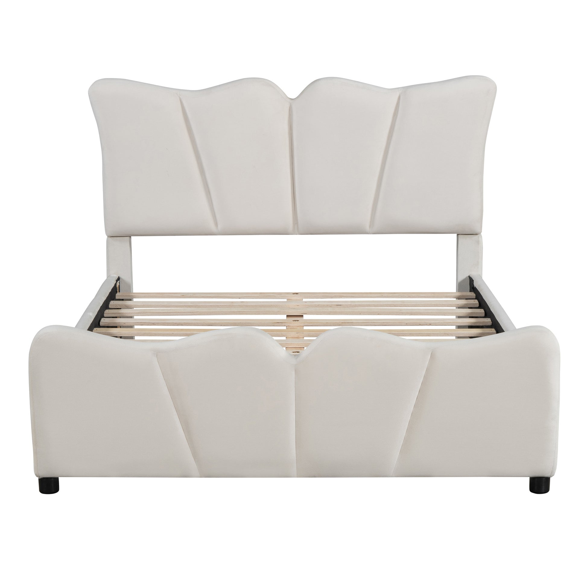 Beige Tufted Velvet Upholstered Full Bed Frame-2