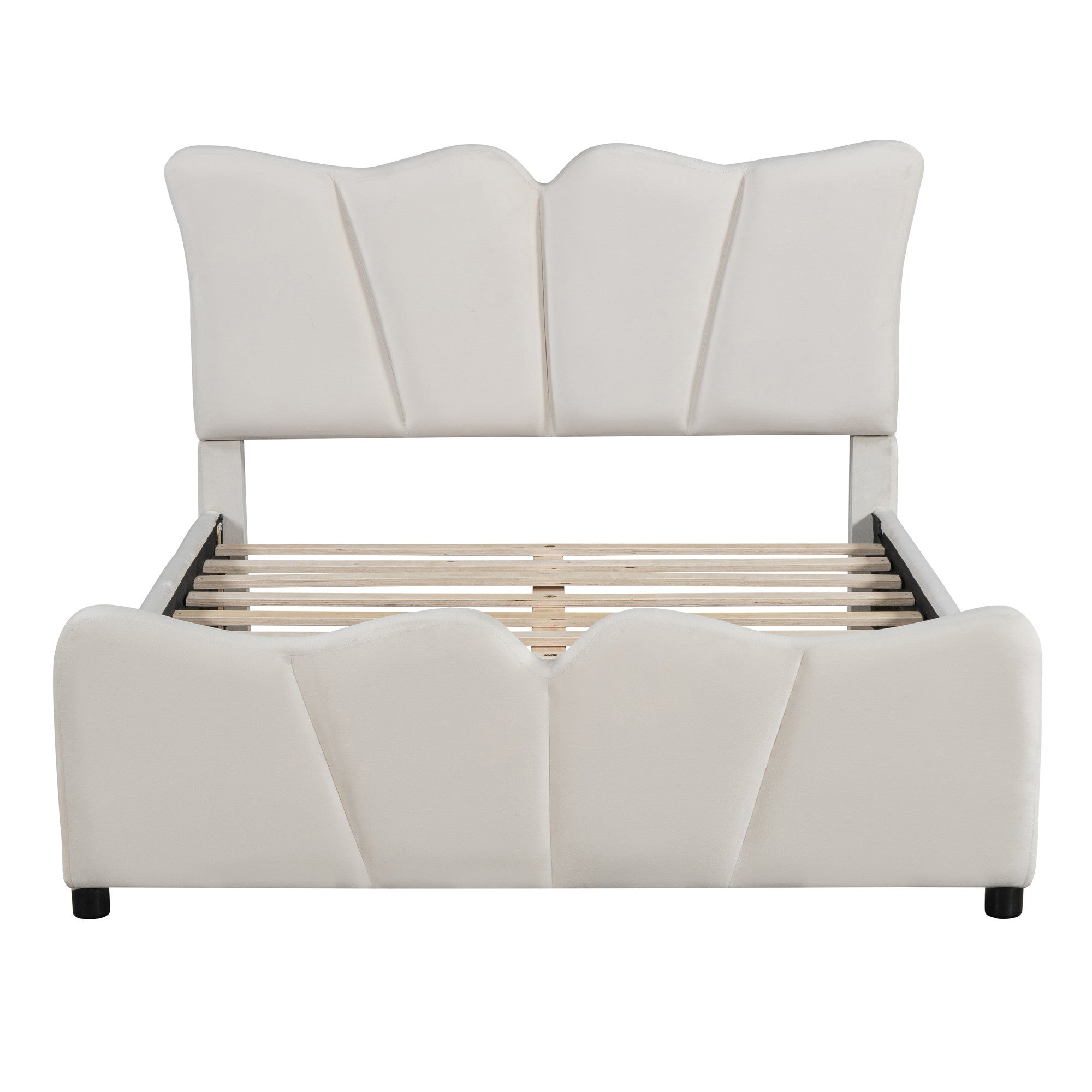 Beige Tufted Velvet Upholstered Full Bed Frame-2