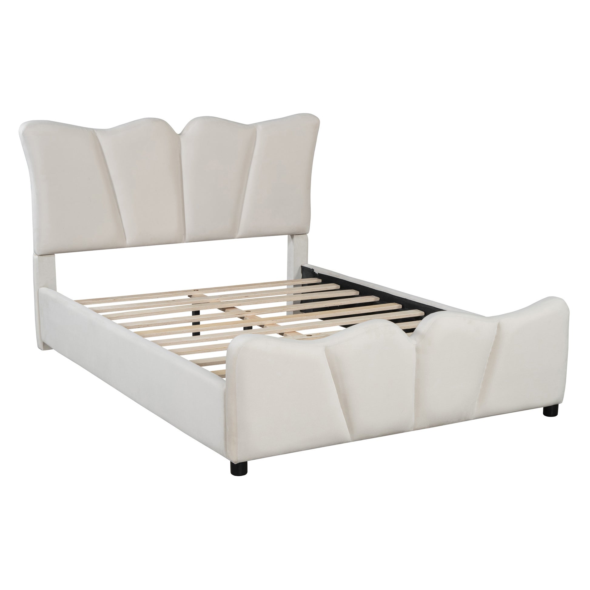 Beige Tufted Velvet Upholstered Full Bed Frame-3