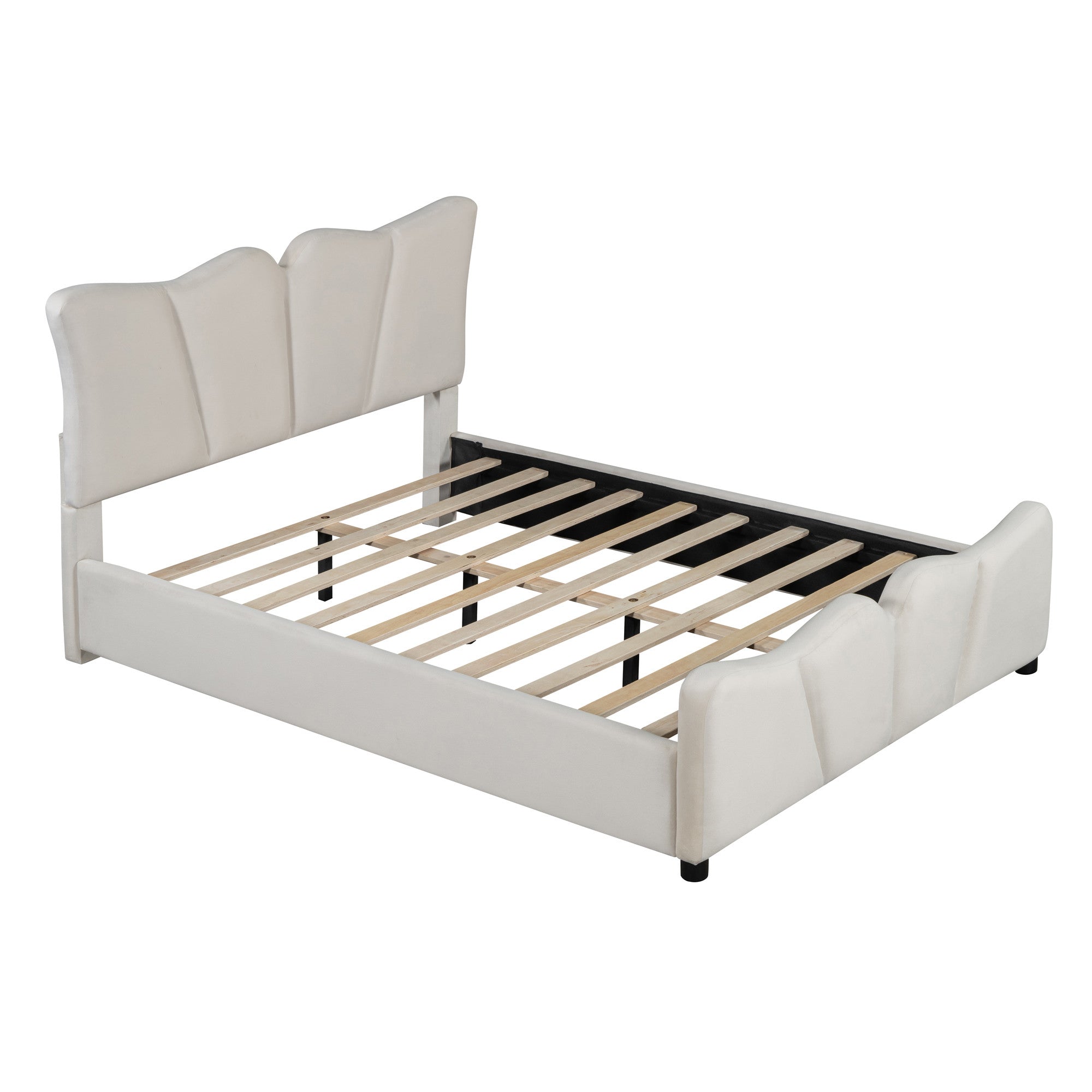 Beige Tufted Velvet Upholstered Full Bed Frame-4