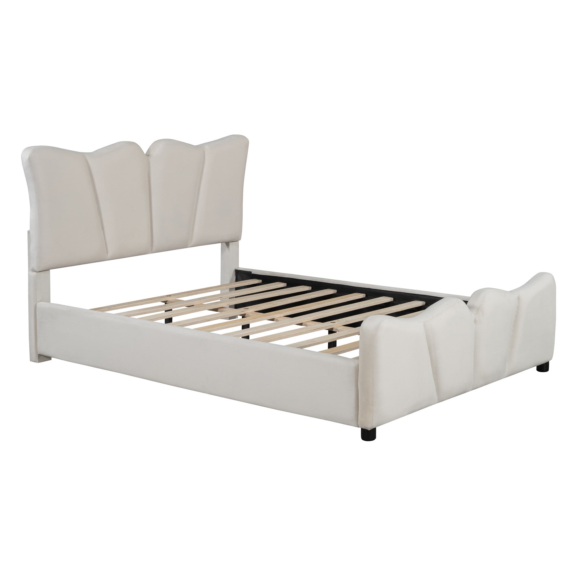 Beige Tufted Velvet Upholstered Full Bed Frame-5