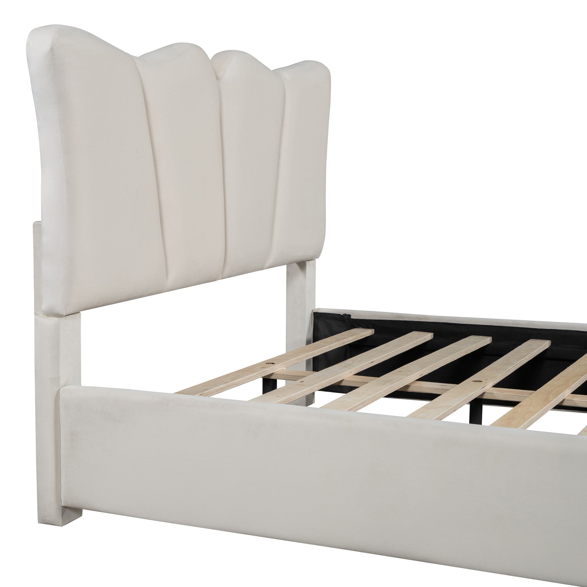 Beige Tufted Velvet Upholstered Full Bed Frame-6