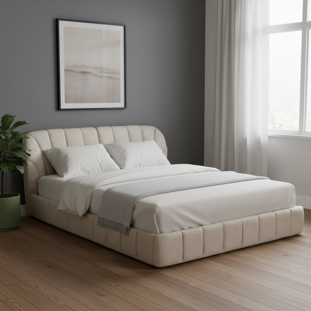 Beige Tufted Upholstered Queen Bed Frame-0