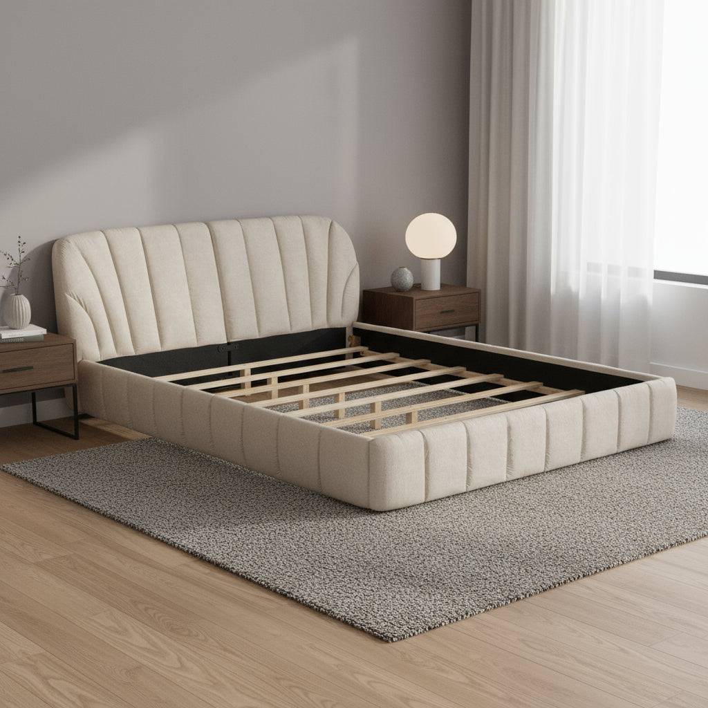 Beige Tufted Upholstered Queen Bed Frame-1