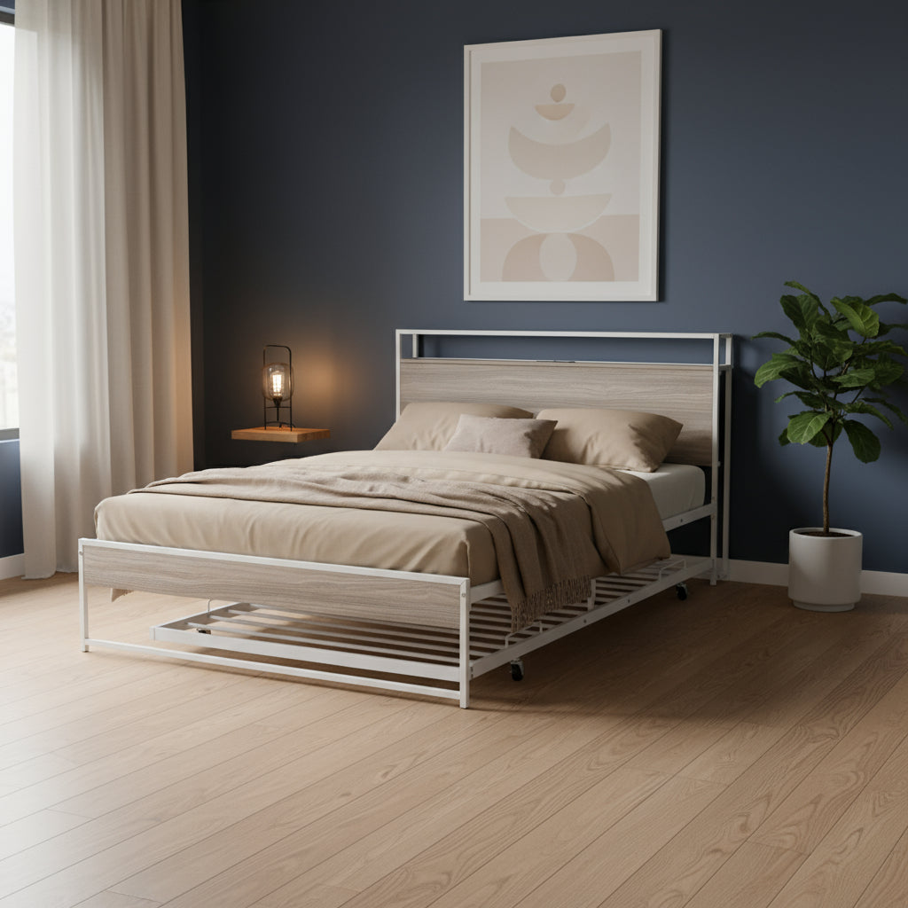 White Metal Full Bed Frame With Trundle-0