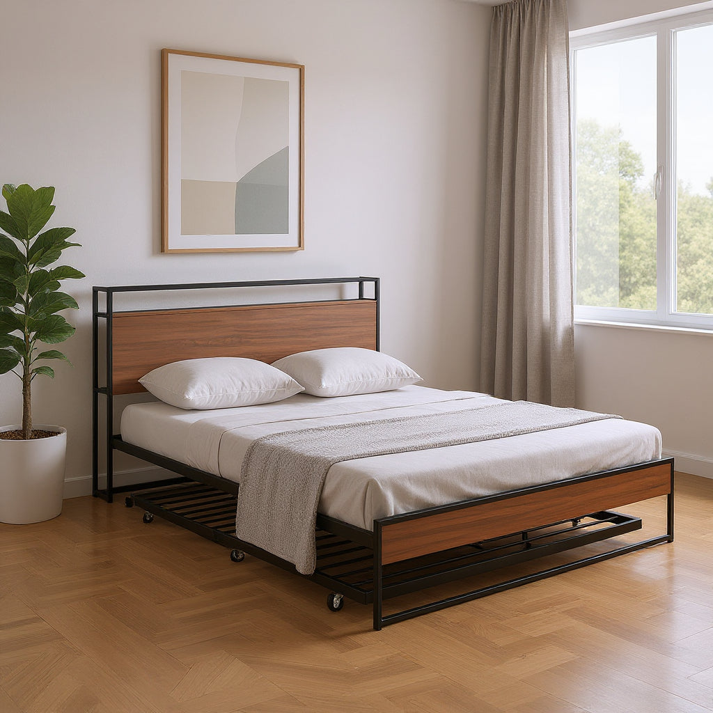 Black Metal Queen Bed Frame With Trundle-0