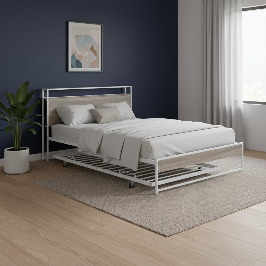 White Metal Queen Bed Frame With Trundle-0