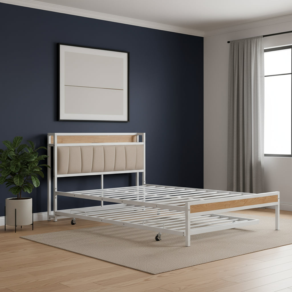 White Metal Full Bed Frame With Trundle-0