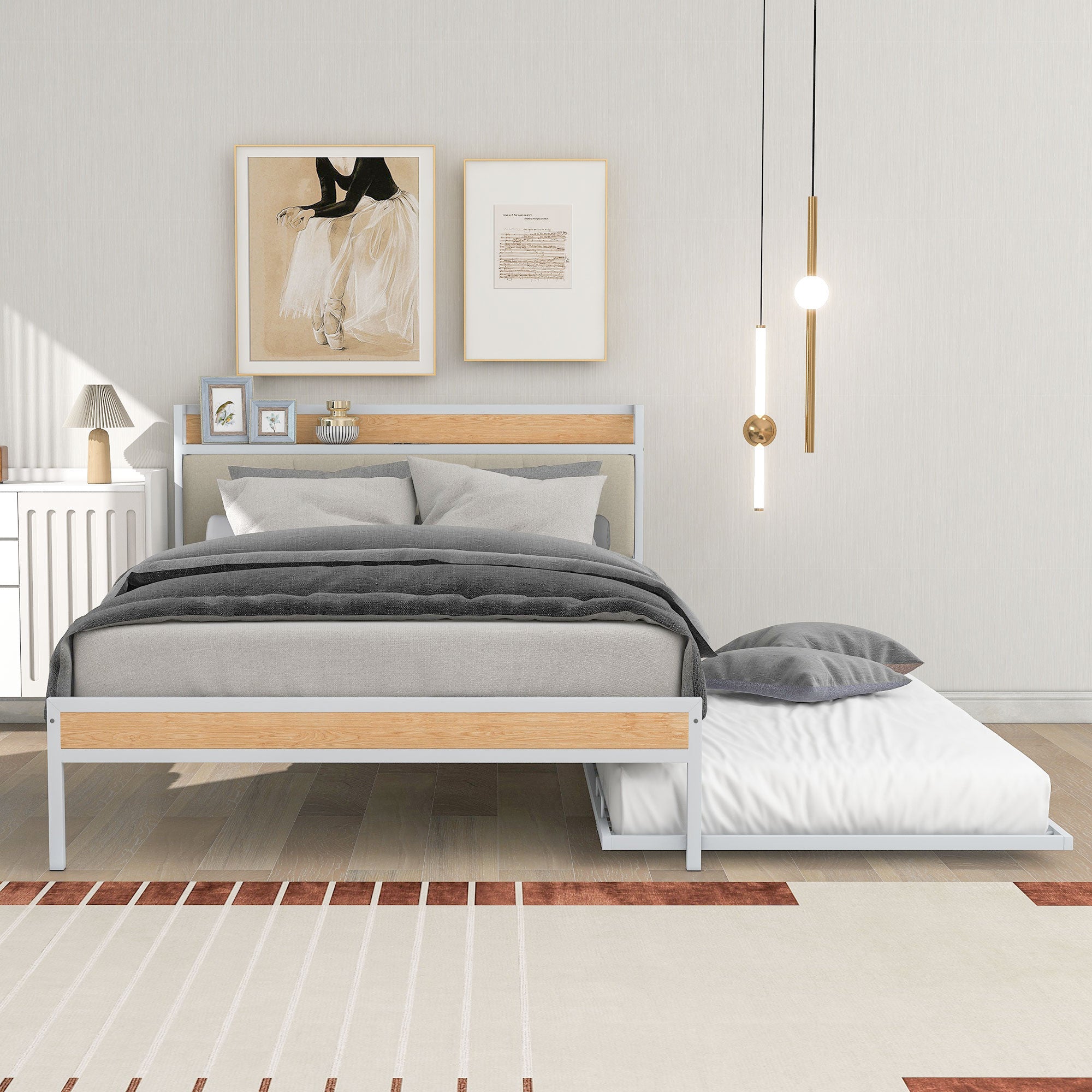 White Metal Full Bed Frame With Trundle-8