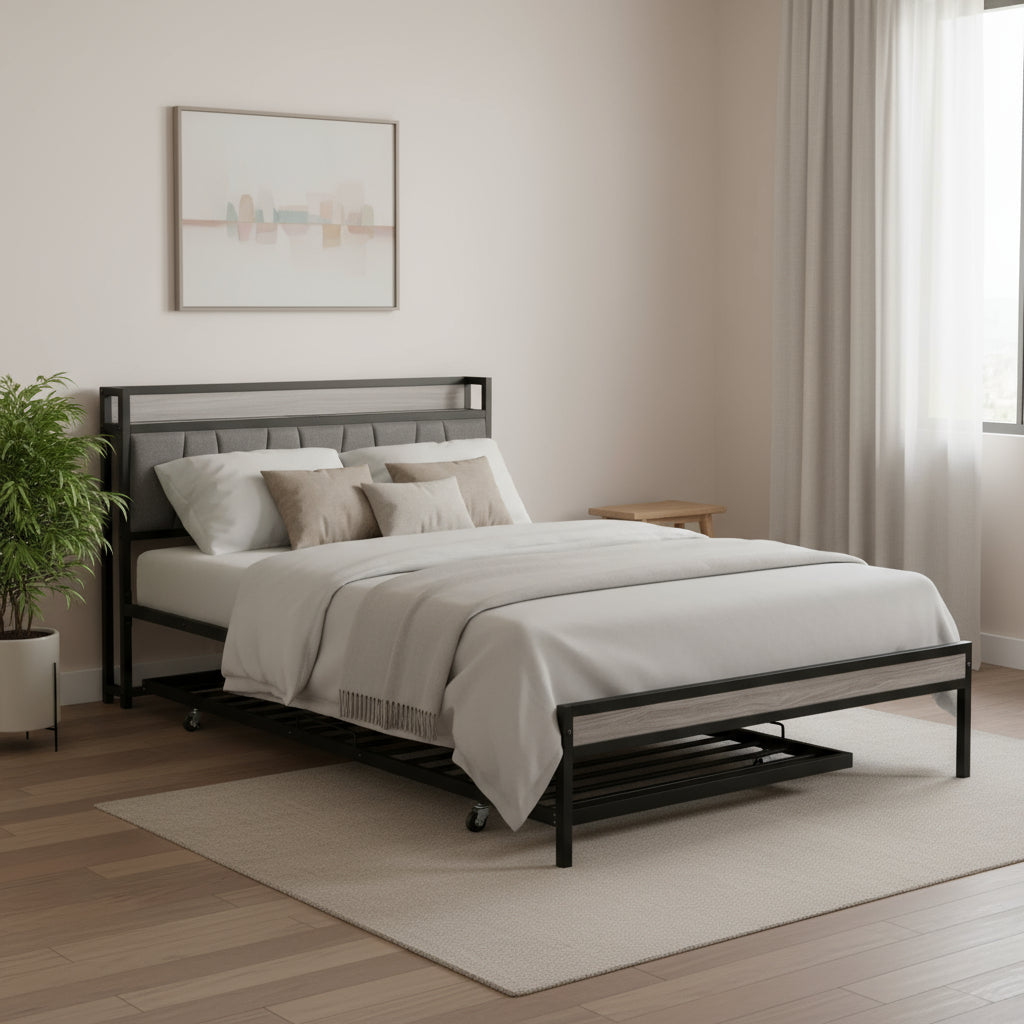 Black Metal Queen Bed Frame With Trundle-0