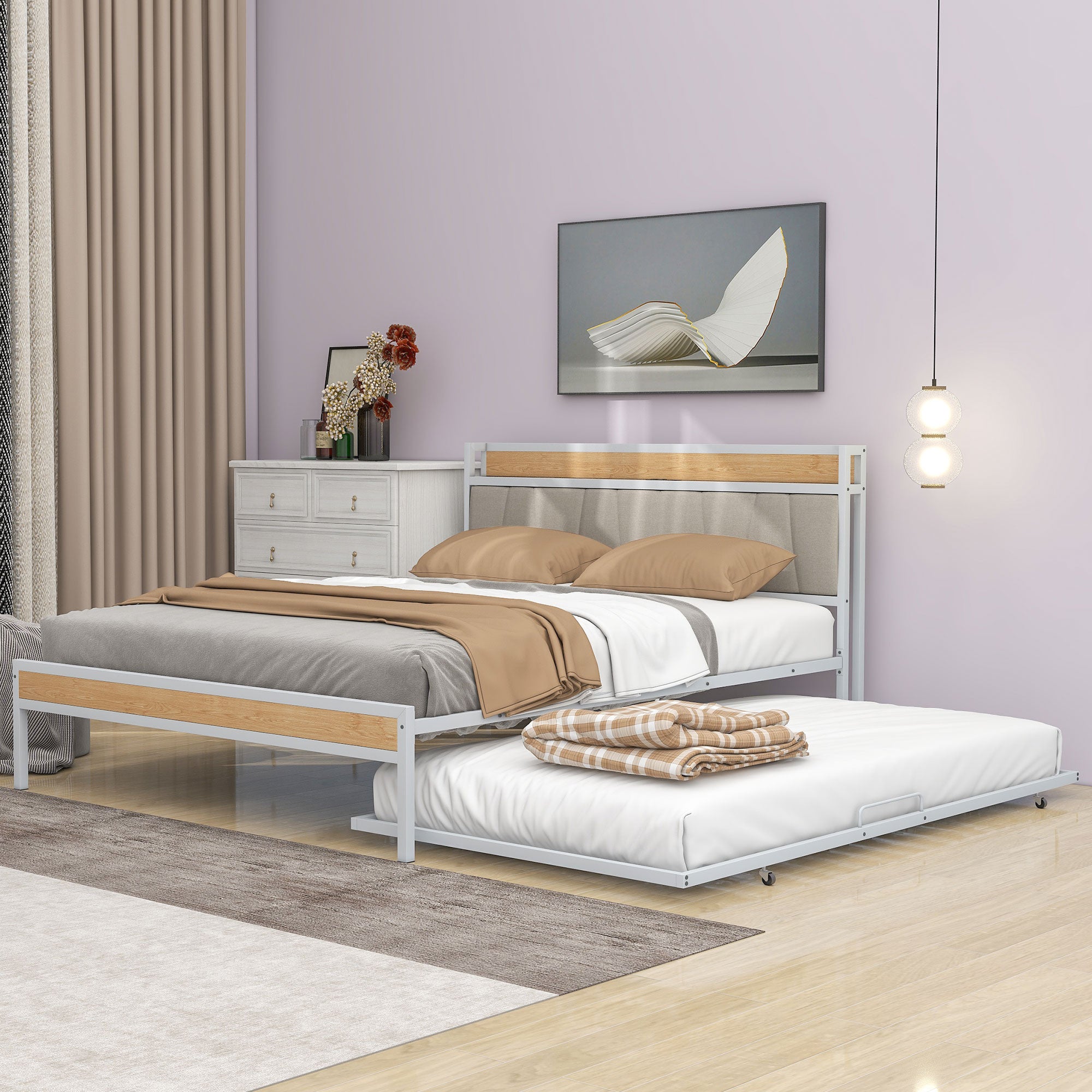 White Metal Queen Bed Frame With Trundle-8
