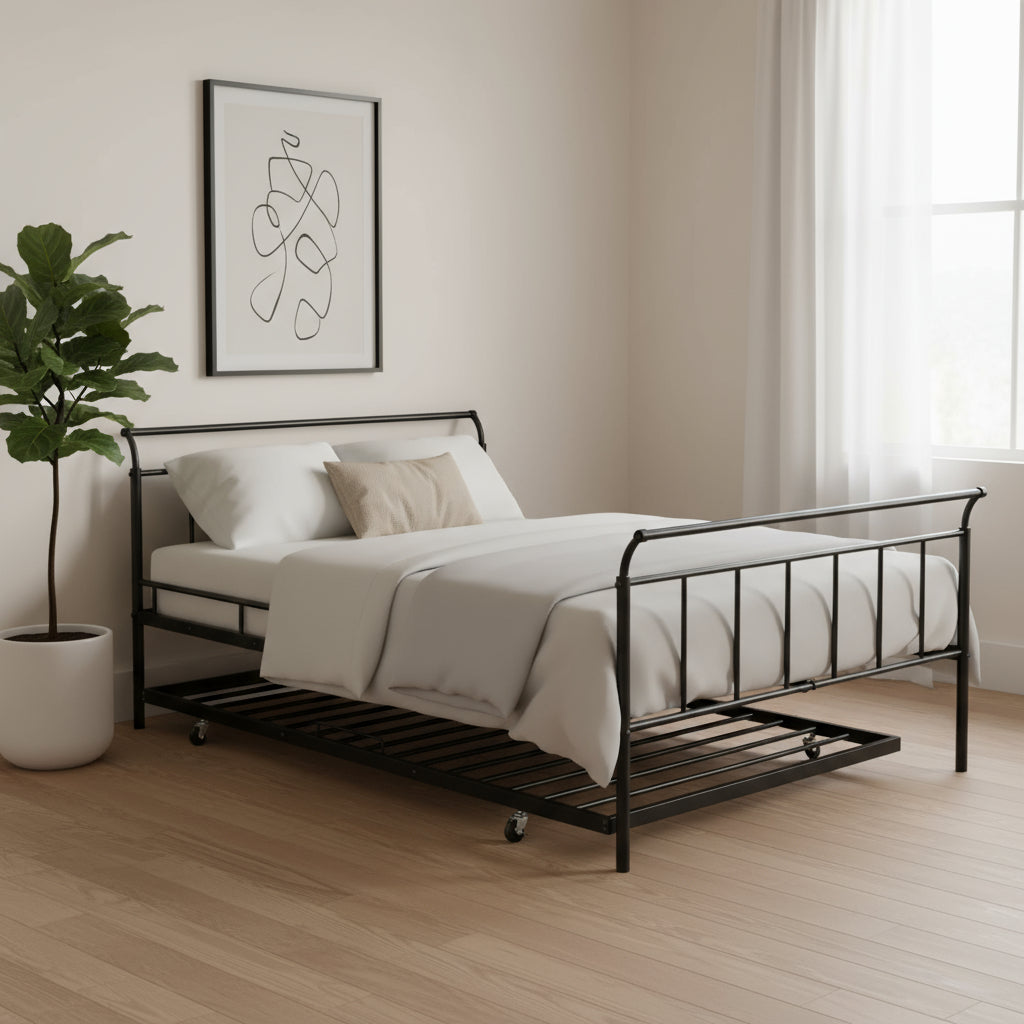 Black Metal Full Day Bed With Trundle-0