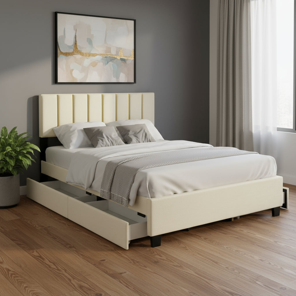 Beige Tufted Velvet Upholstered Queen Bed Frame With Trundle And Drawers-0