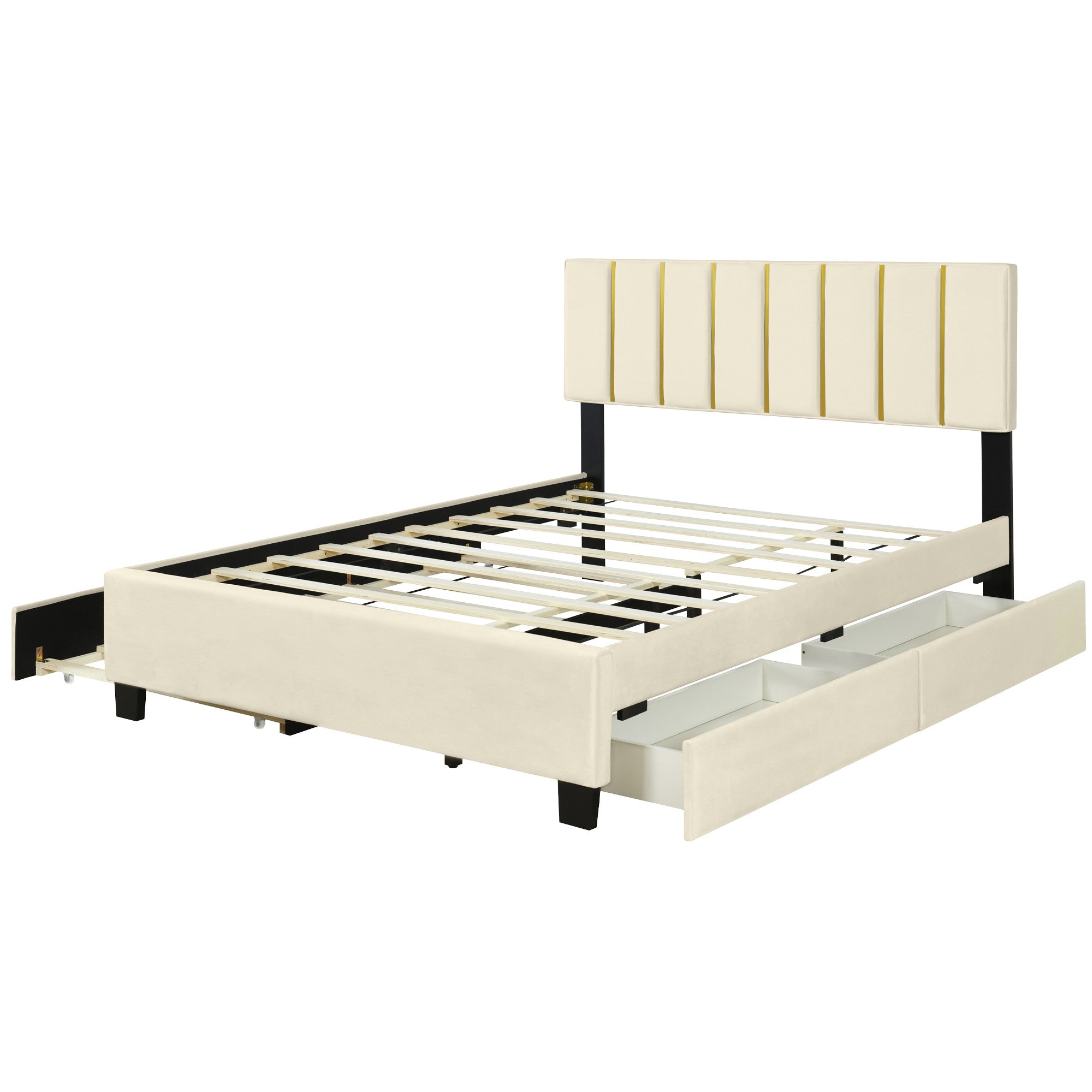 Beige Tufted Velvet Upholstered Queen Bed Frame With Trundle And Drawers-1