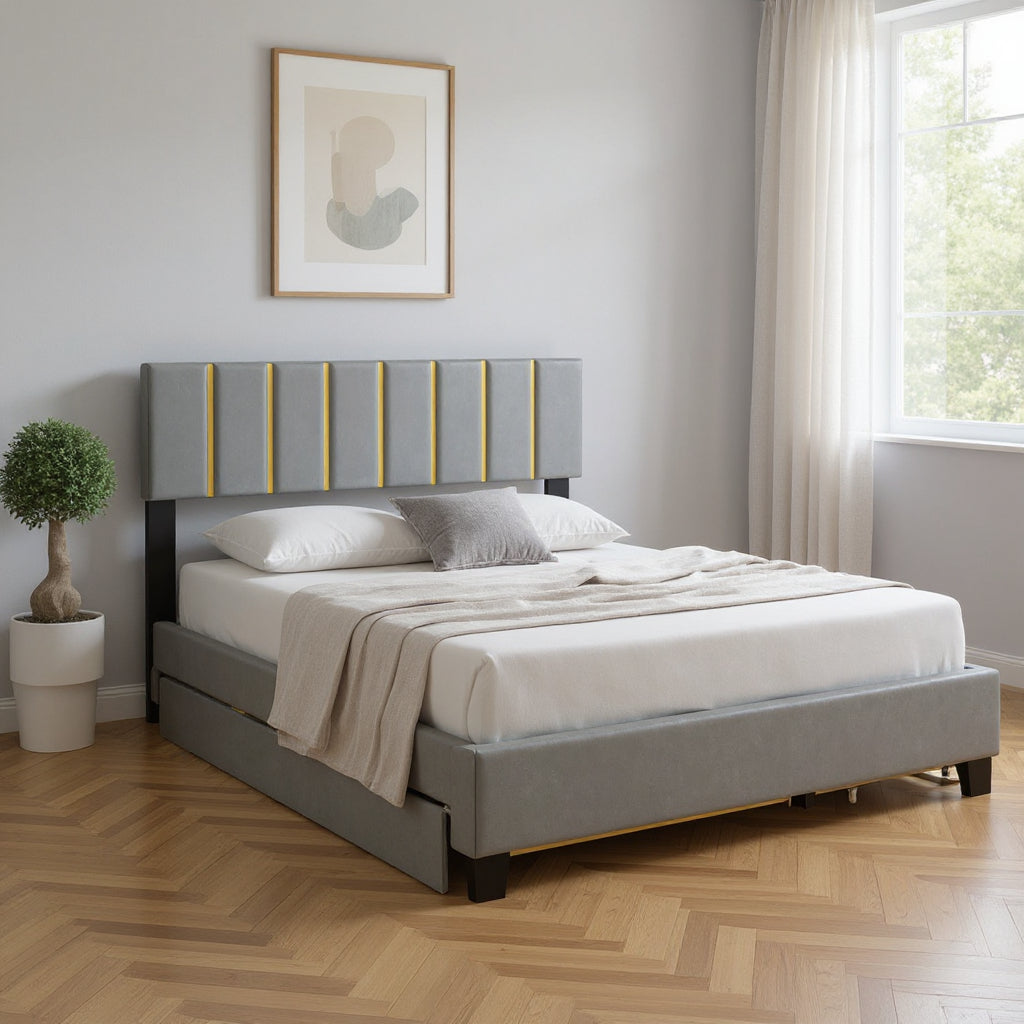 Gray Tufted Velvet Upholstered Queen Bed Frame With Trundle And Drawers-0