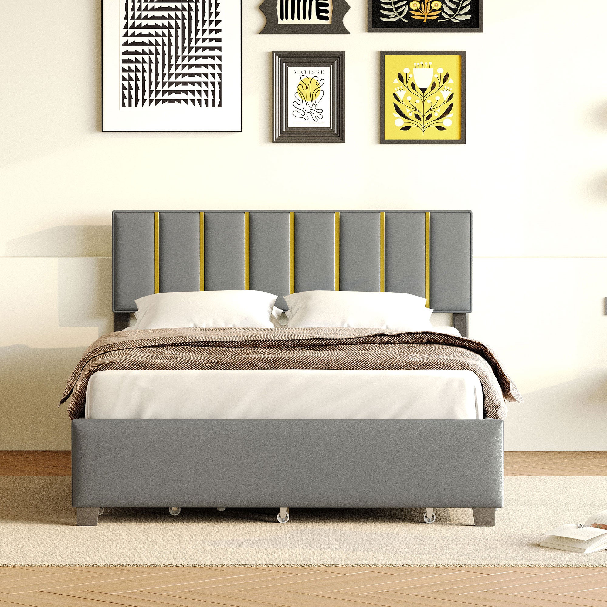 Gray Tufted Velvet Upholstered Queen Bed Frame With Trundle And Drawers-8