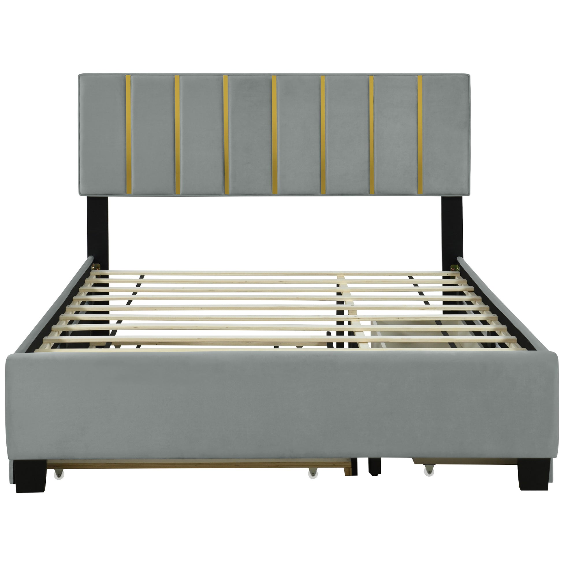 Gray Tufted Velvet Upholstered Queen Bed Frame With Trundle And Drawers-1