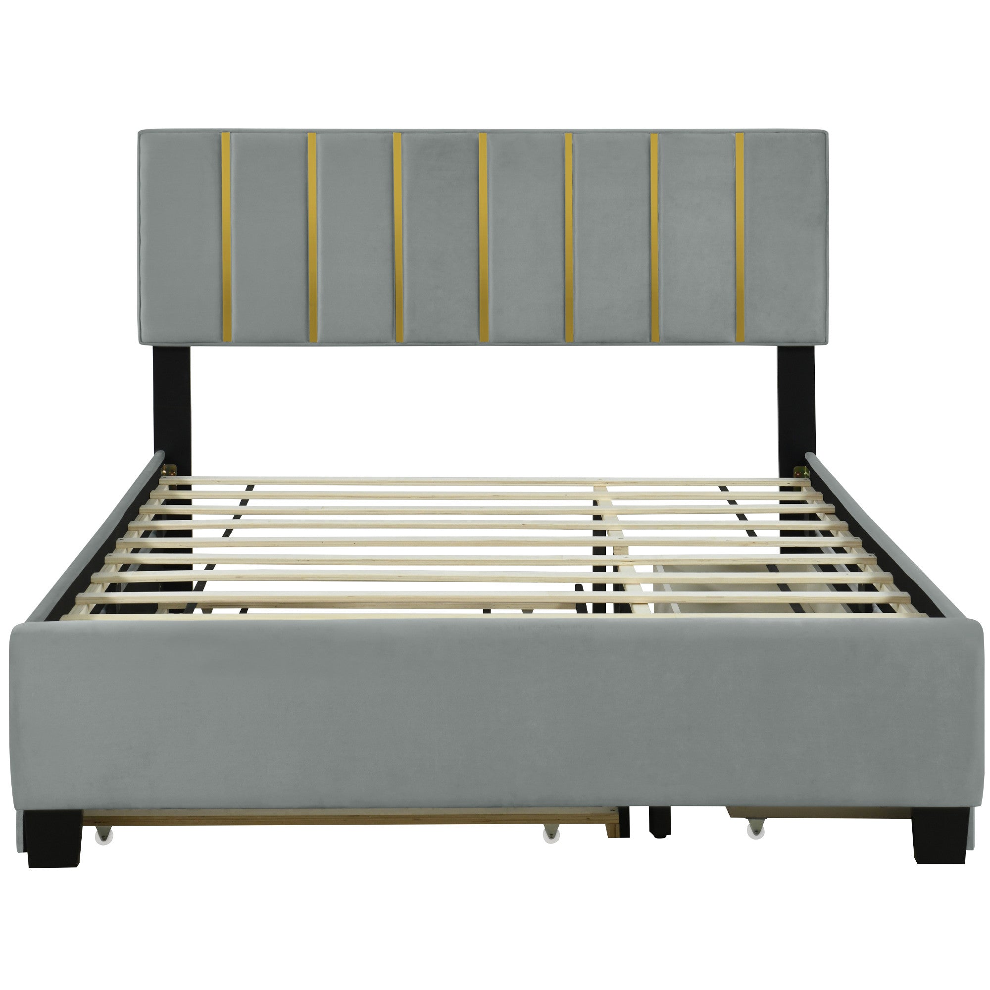 Gray Tufted Velvet Upholstered Queen Bed Frame With Trundle And Drawers-1